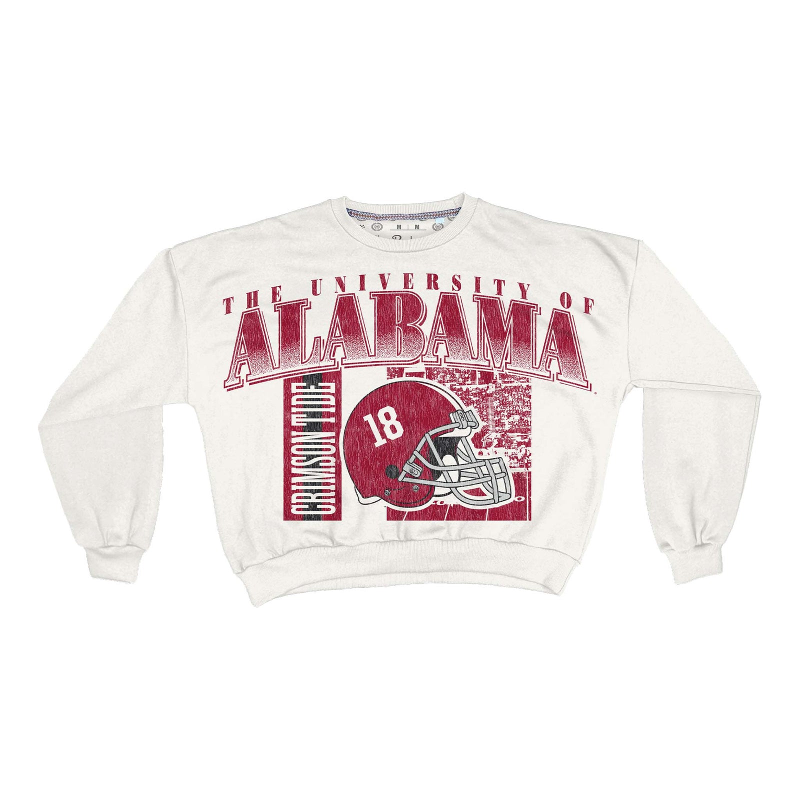 White crewneck sweatshirt with Alabama Crimson Tide helmet graphic, large "Alabama" text, and stadium background.