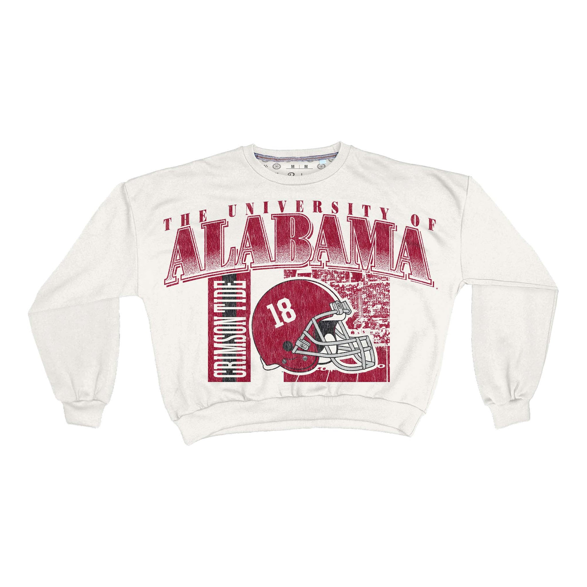 White crewneck sweatshirt with Alabama Crimson Tide helmet graphic, large "Alabama" text, and stadium background.