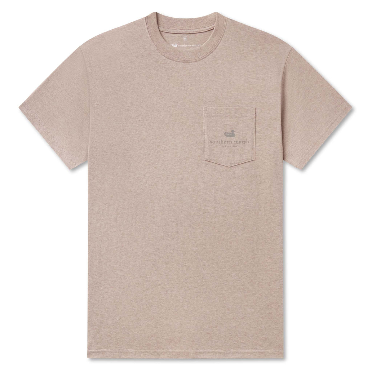 Front view of Southern Marsh washed burnt taupe short sleeve pocket t-shirt with small duck logo above left chest pocket.