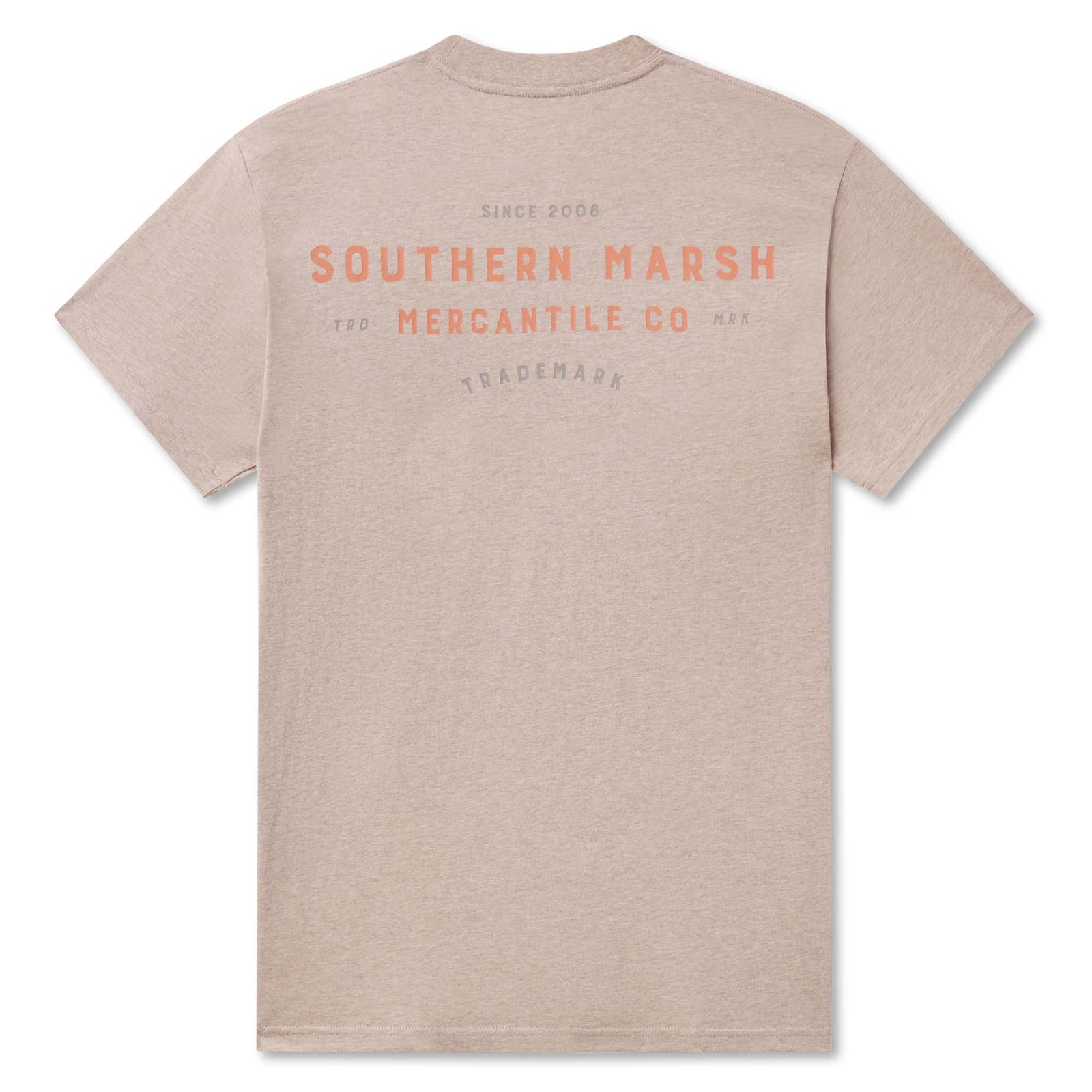 Back view of Southern Marsh washed burnt taupe short sleeve pocket t-shirt with large Southern Marsh Mercantile Co. graphic in orange and gray.