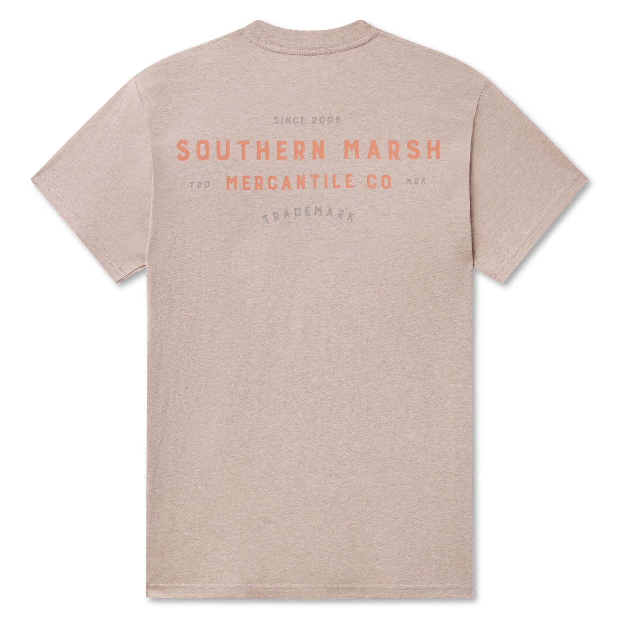 Back view of Southern Marsh washed burnt taupe short sleeve pocket t-shirt with large Southern Marsh Mercantile Co. graphic in orange and gray.