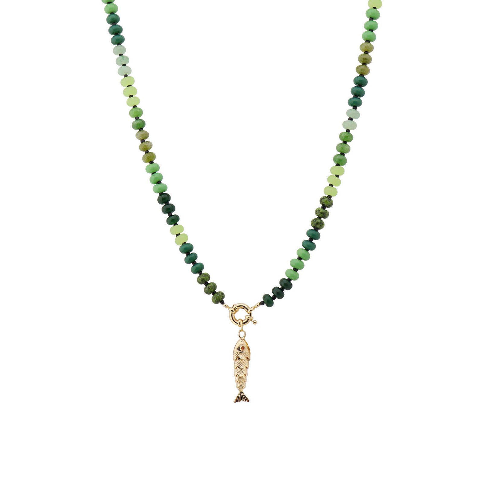 Green Stone and Fish Charm Necklace by What's Hot Jewelry