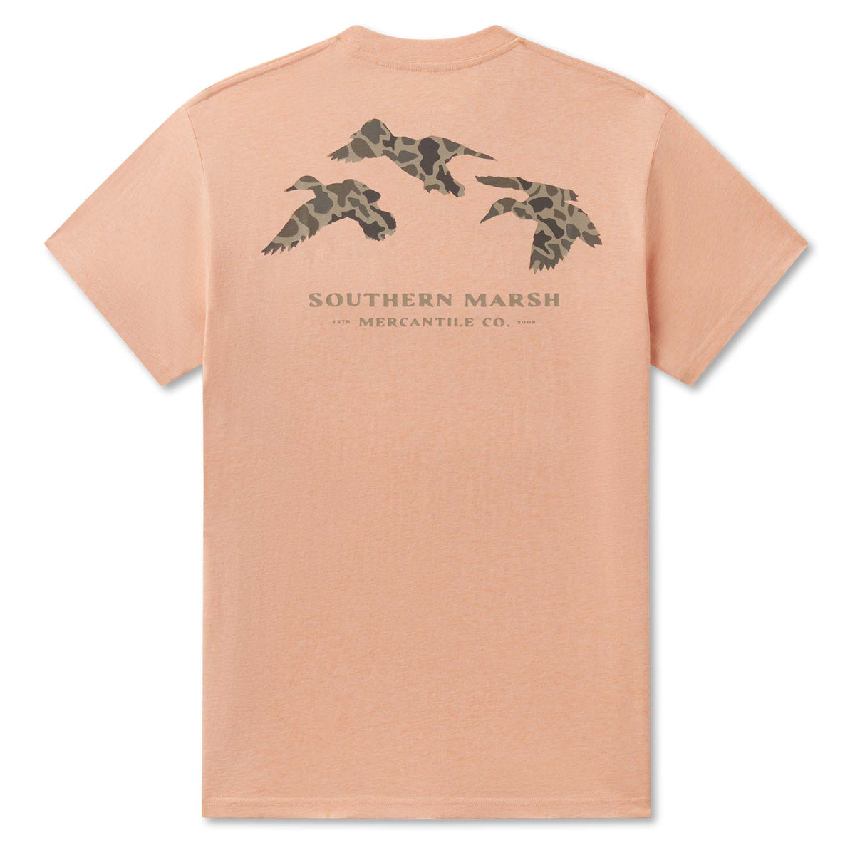 Peach-colored t-shirt with camouflage duck designs and 'Southern Marsh' text on a white background