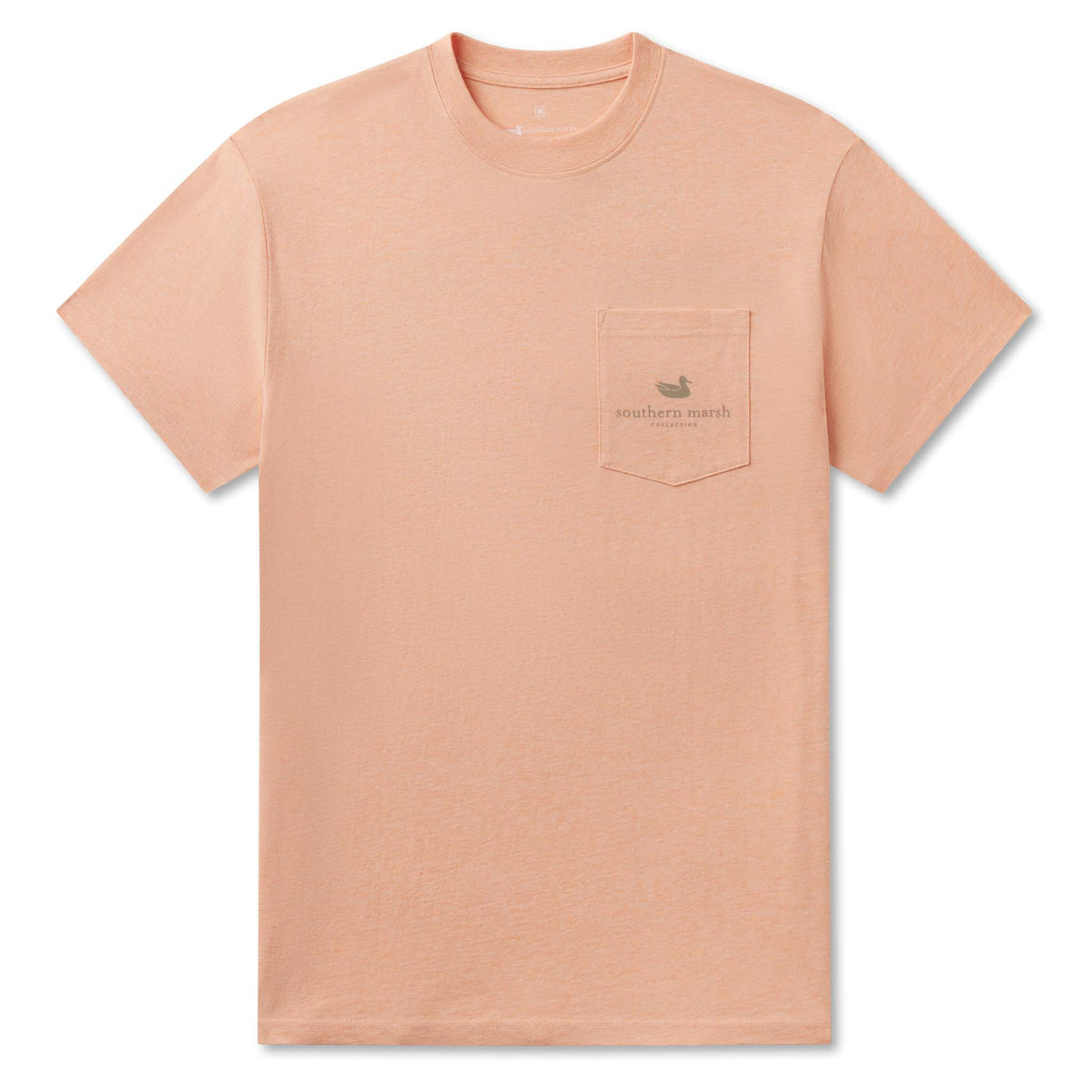 Light orange t-shirt with a small logo on a white background