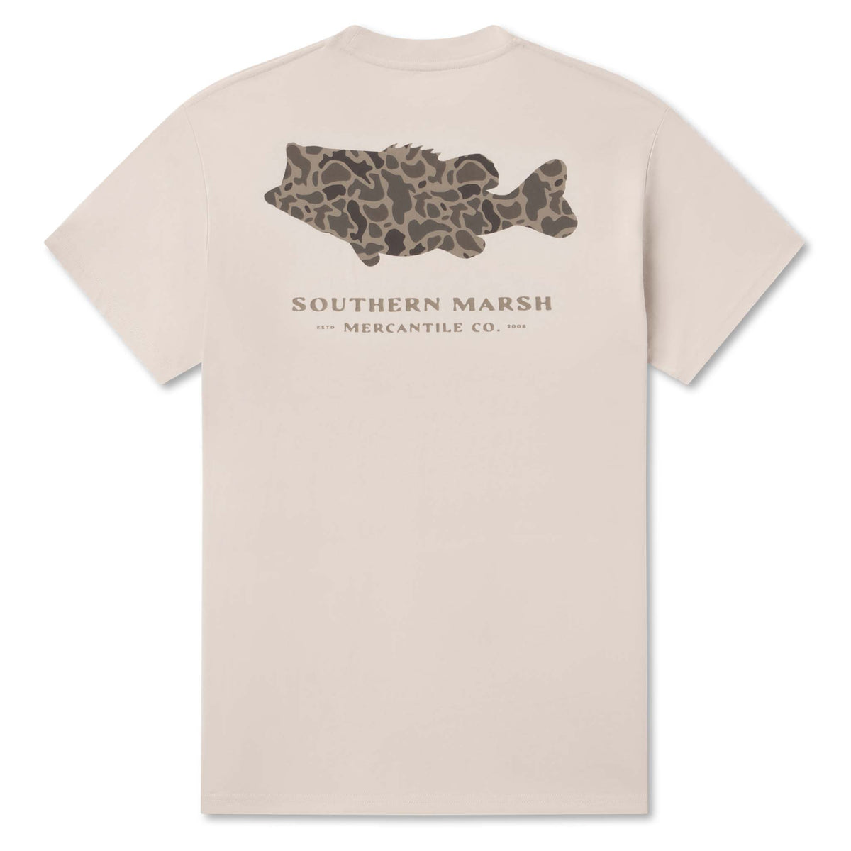 Beige t-shirt with fish graphic and 'Southern Marsh' text on a white background