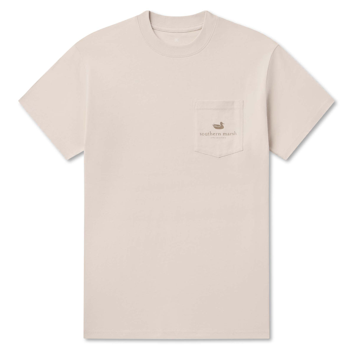 Beige t-shirt with a small logo on a white background