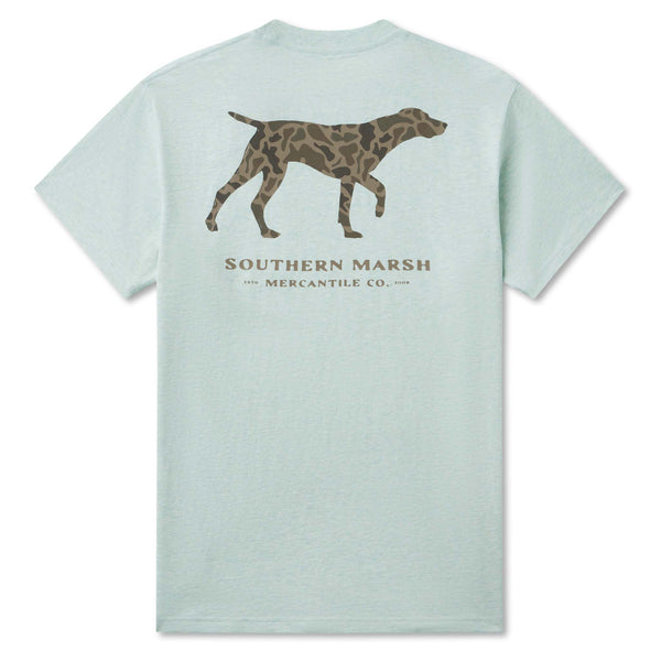 Light green t-shirt with a dog graphic and 'Southern Marsh' text on the back.