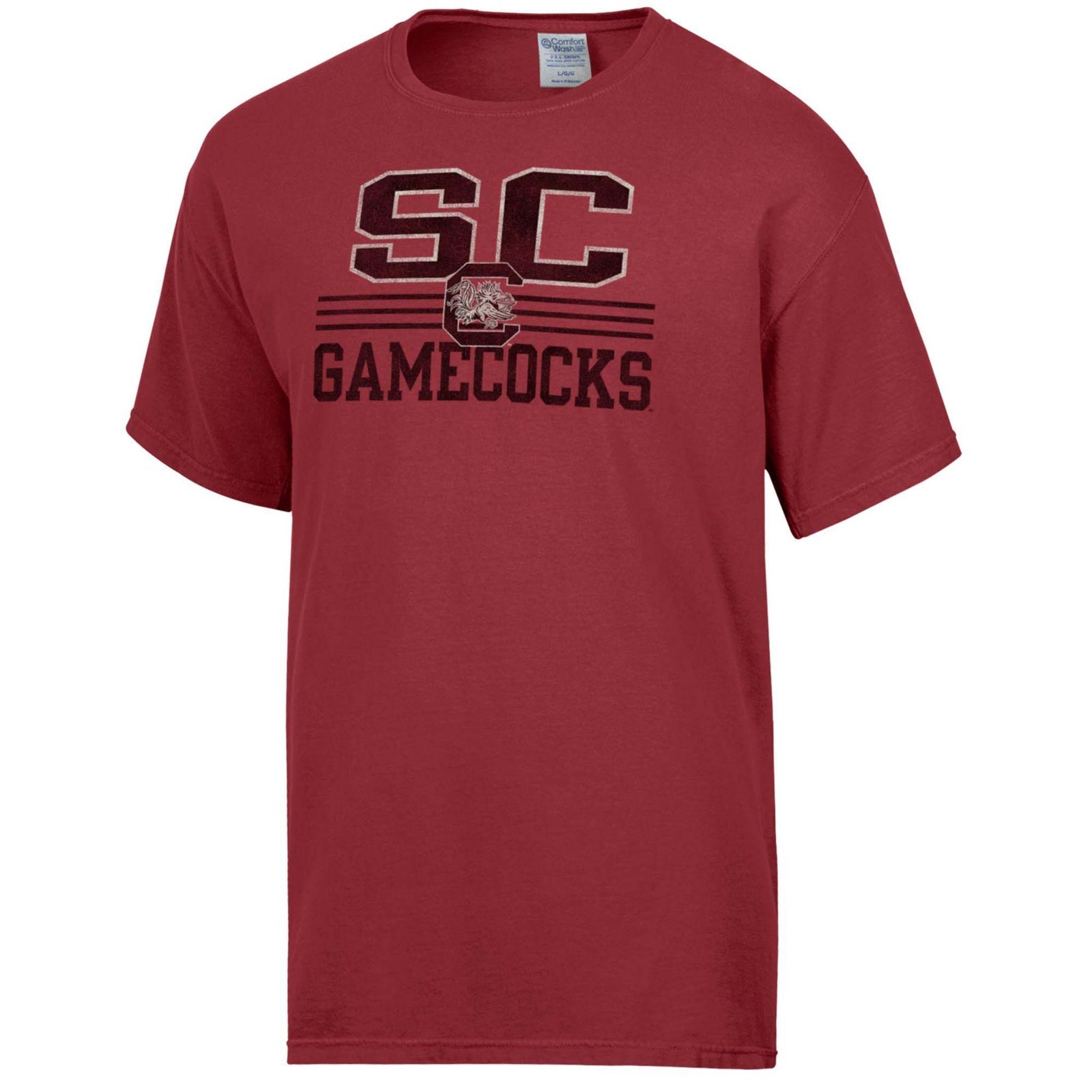 Garnet short sleeve t-shirt with “SC Gamecocks” text, black stripes, and team logo on front chest. Displayed on a plain white background.