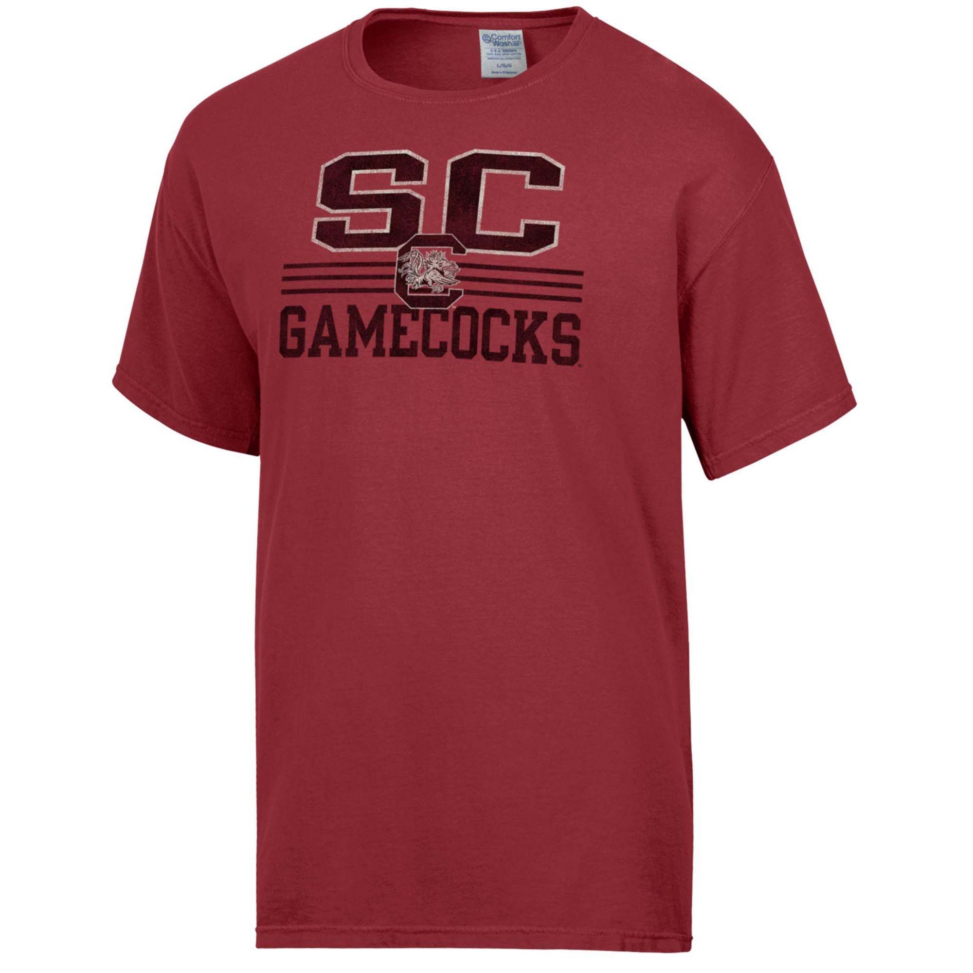 Garnet short sleeve t-shirt with “SC Gamecocks” text, black stripes, and team logo on front chest. Displayed on a plain white background.