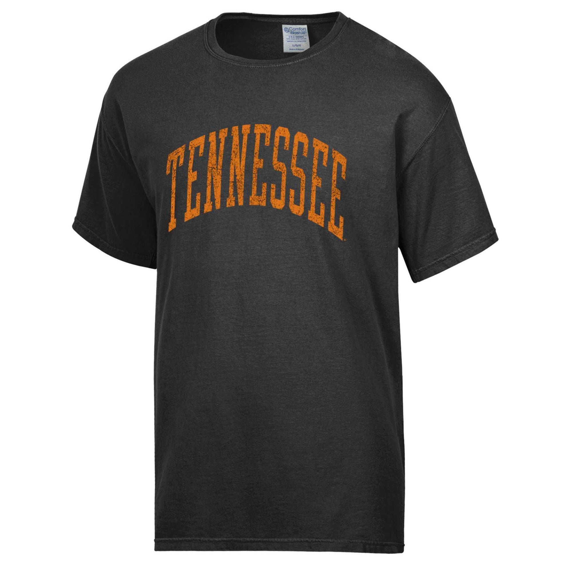 Black Tennessee short sleeve t-shirt with bold orange “Tennessee” text across the chest.