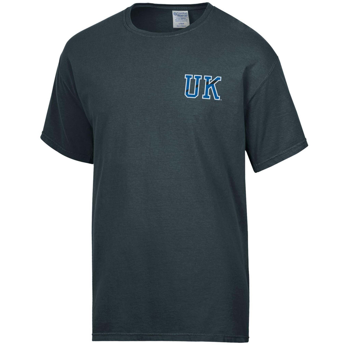 Front view of charcoal short sleeve University of Kentucky t-shirt with small blue UK logo on the left chest.