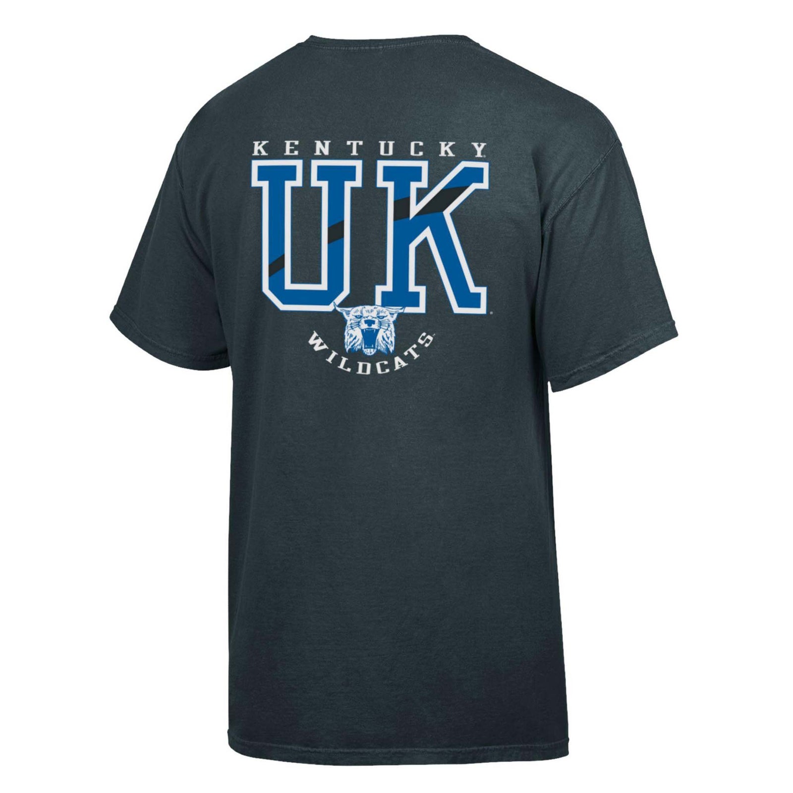 Back view of charcoal short sleeve University of Kentucky t-shirt with large blue UK logo, Wildcats text, and wildcat head graphic.