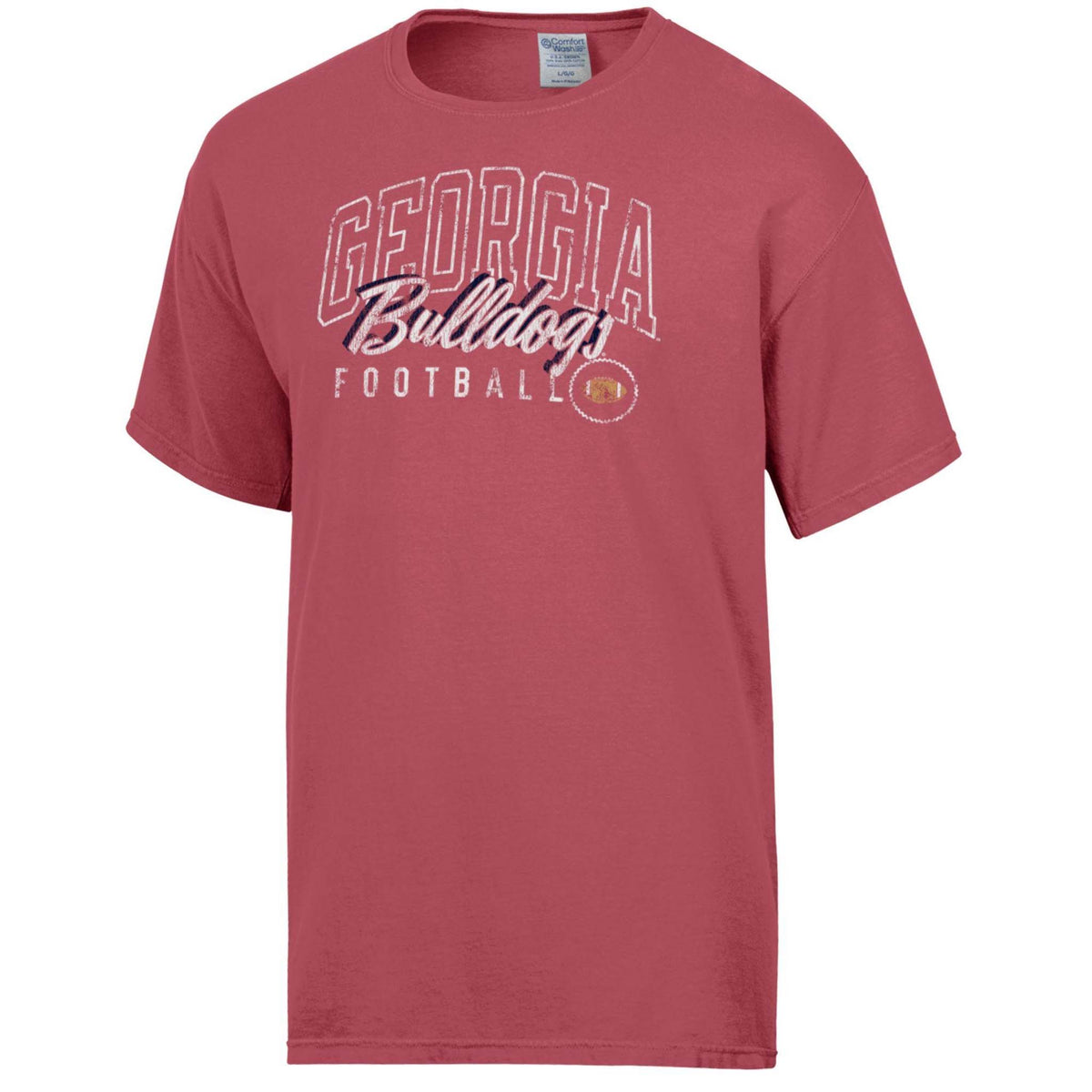 Heather red Georgia Bulldogs Football T-shirt with distressed white and black text and football graphic on front