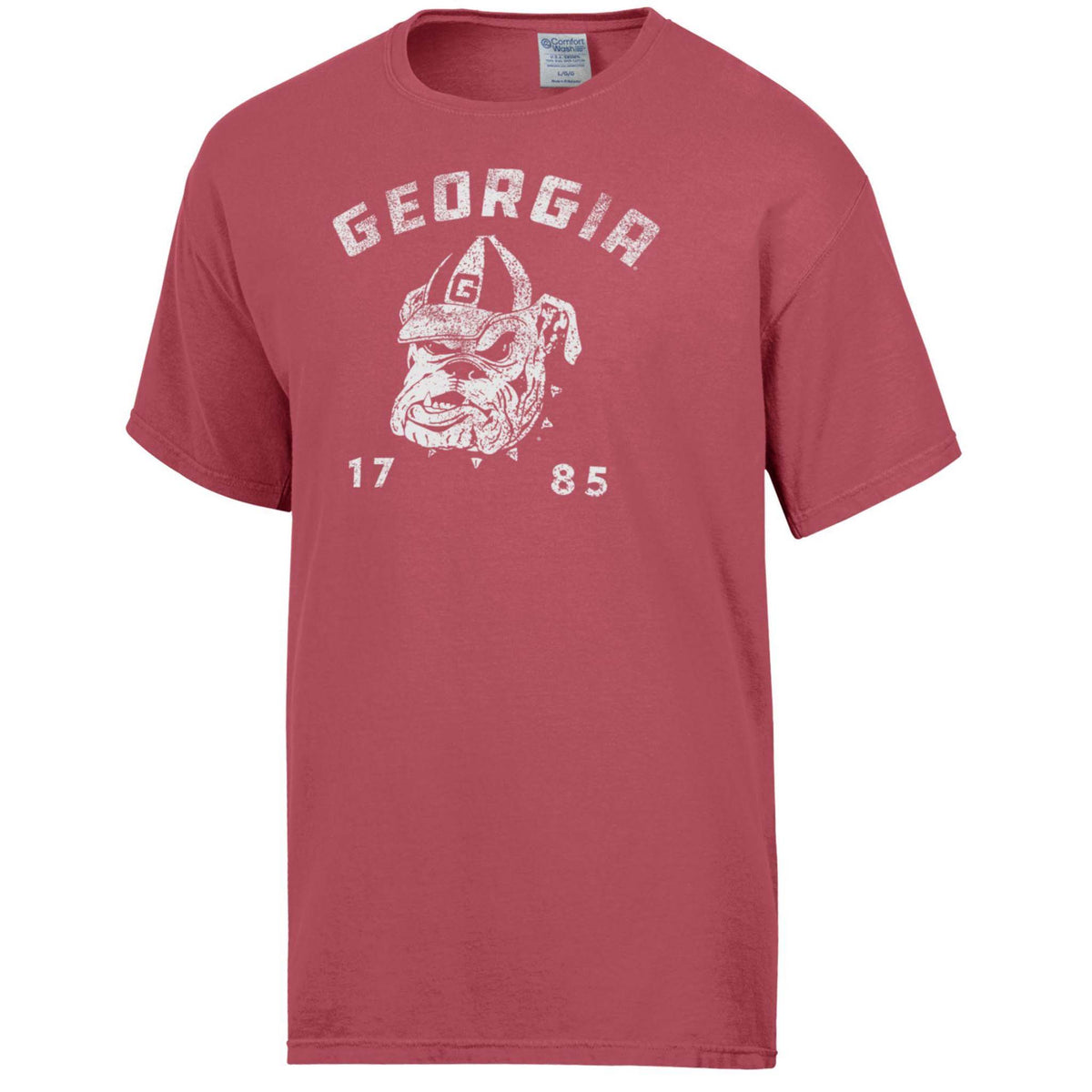 Heather red Georgia Bulldogs t-shirt with distressed white “Georgia” text, vintage UGA mascot graphic, and “1785” printed on the front
