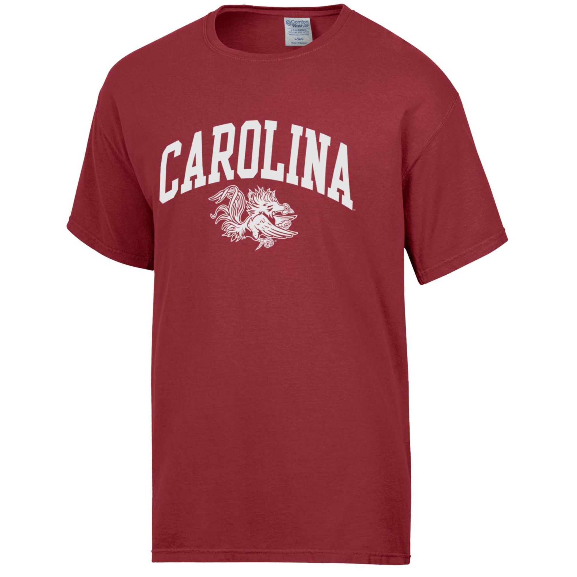 Garnet short sleeve South Carolina t-shirt with bold white “Carolina” text and white Gamecock logo centered on the front