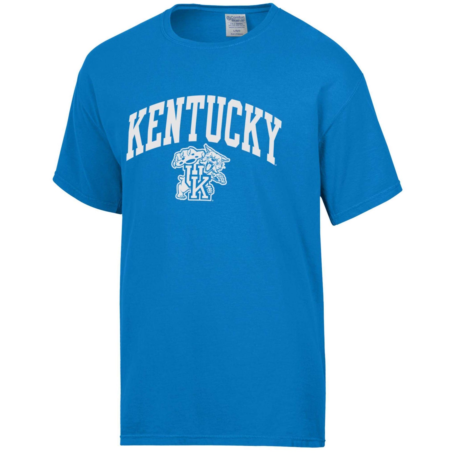 Front view of royal blue short sleeve Kentucky Wildcats t-shirt with white “KENTUCKY” text and Wildcat graphic logo on the chest.