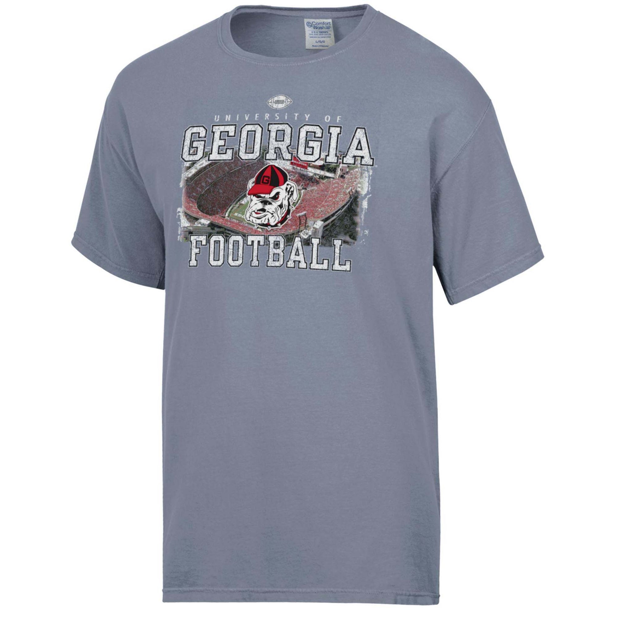 Front view of concrete grey University of Georgia Football t-shirt with bulldog mascot, stadium graphic, and bold distressed text reading “Georgia Football.”
