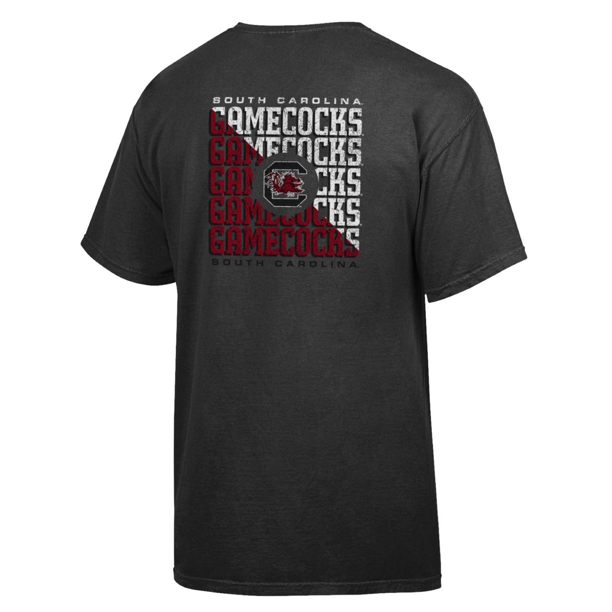 Black South Carolina Gamecocks short sleeve t-shirt with repeated “Gamecocks” text and team logo design on the back.