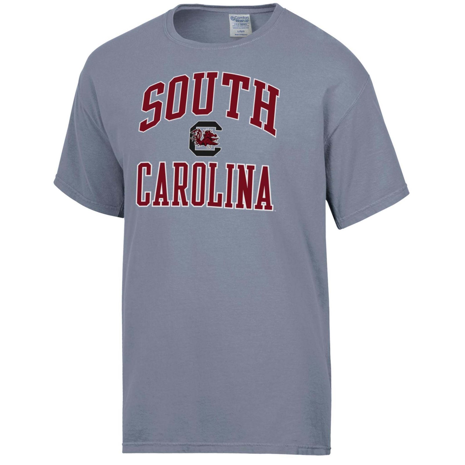 Front view of grey University of South Carolina t-shirt with arched “South Carolina” lettering and Gamecock logo in the center.