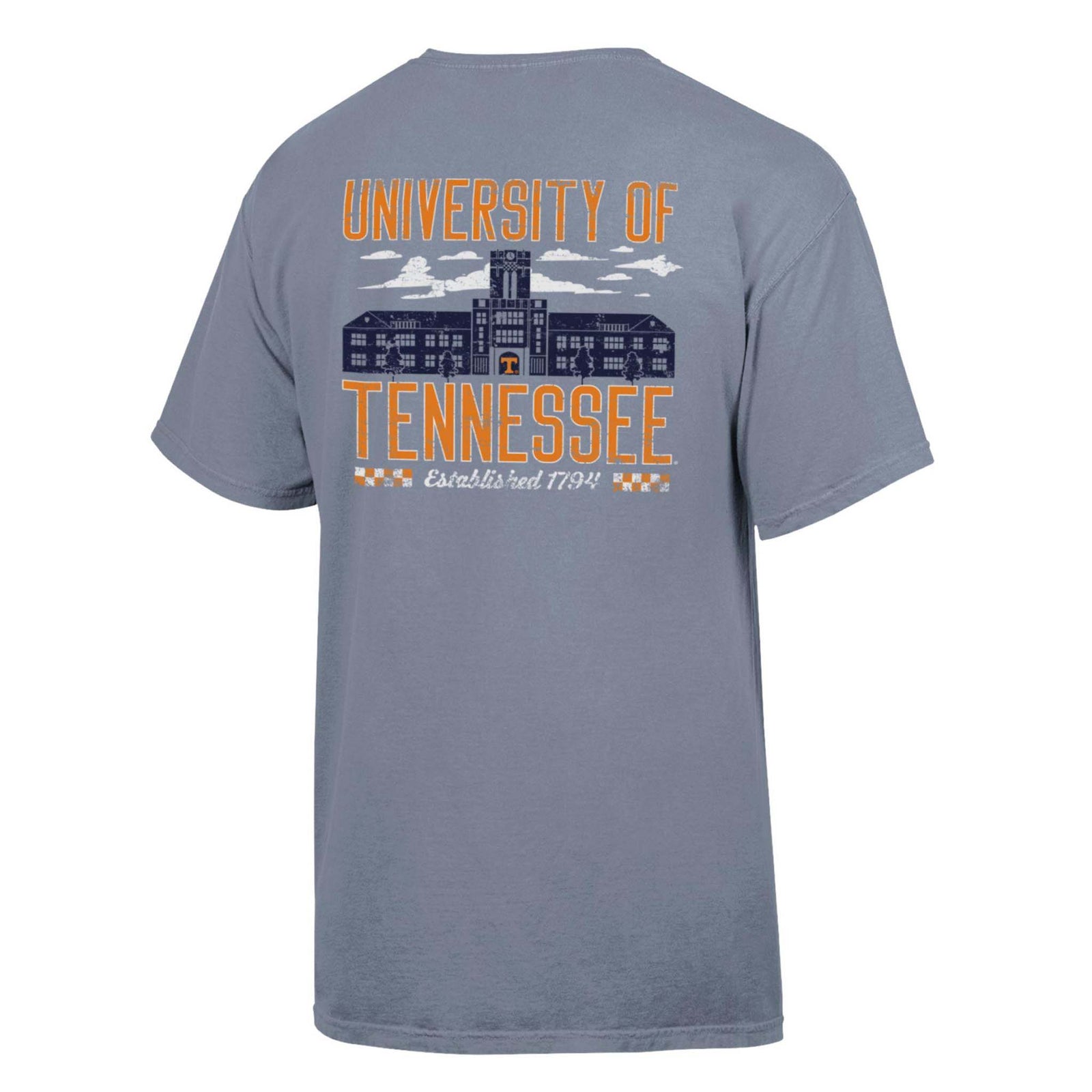 Back view of grey University of Tennessee t-shirt with Ayres Hall graphic, “University of Tennessee” lettering, and “Established 1794.”