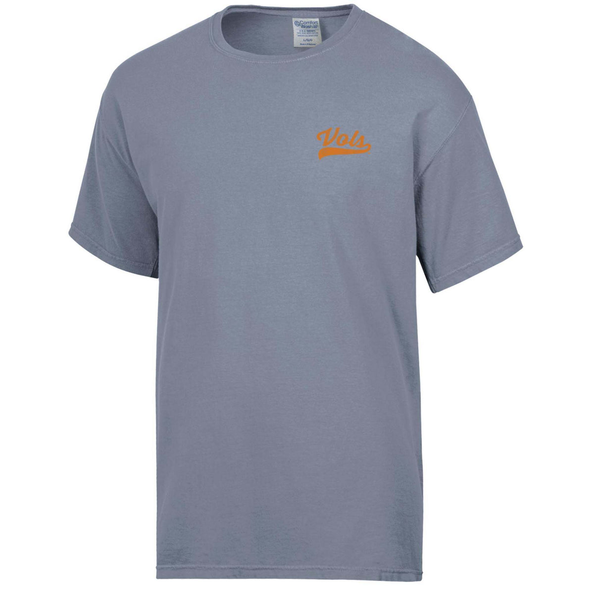 Front view of grey University of Tennessee t-shirt with small orange “Vols” script logo on left chest.