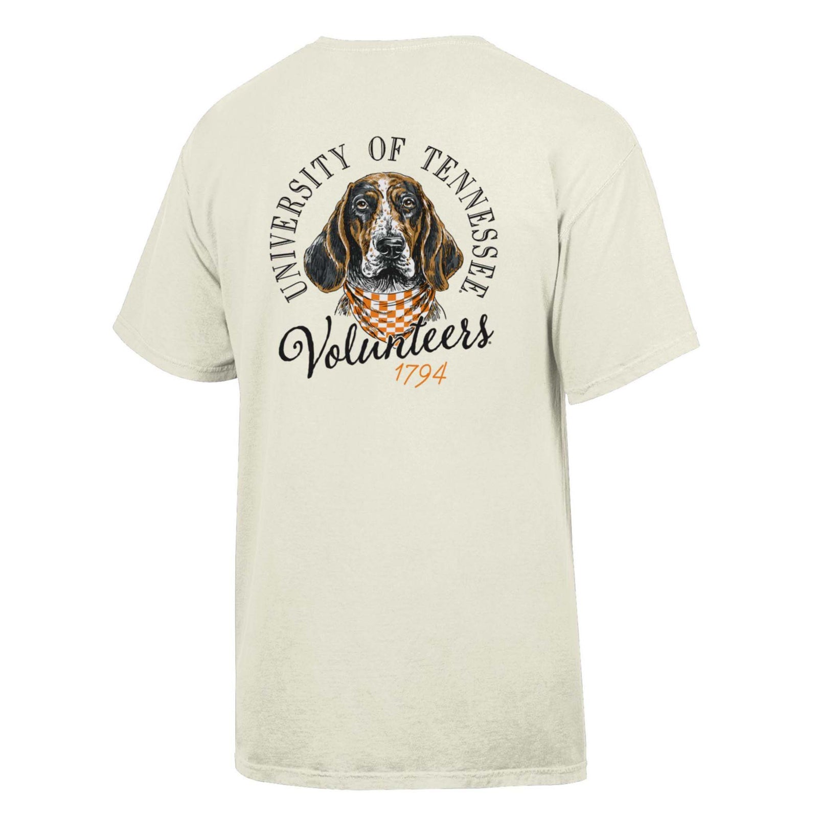 Back view of an ivory t-shirt with a graphic of a hound dog wearing a Tennessee checkerboard bandana, text reads "University of Tennessee Volunteers 1794."