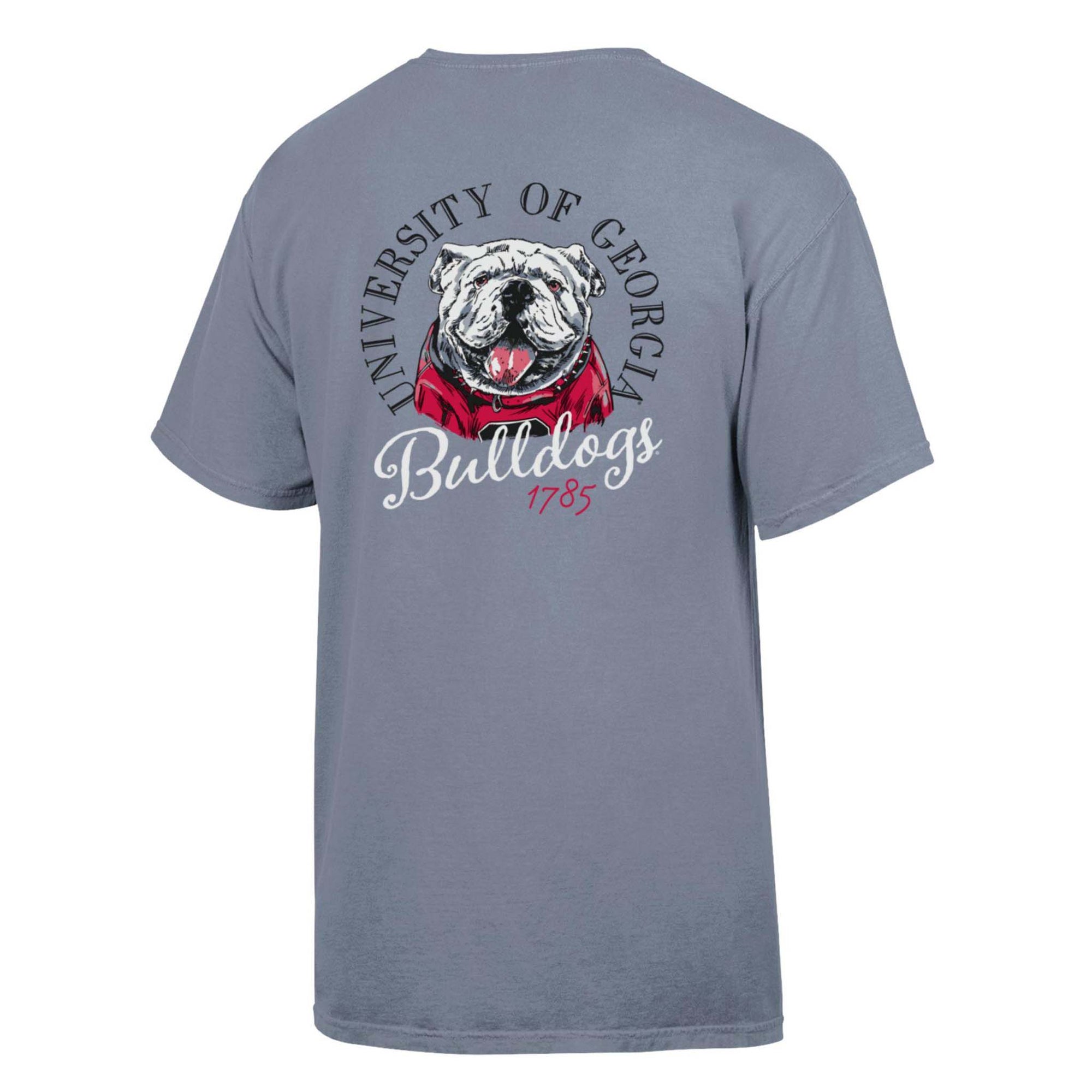 Back view of grey University of Georgia t-shirt with bulldog mascot in red hoodie and text “University of Georgia Bulldogs 1785.”