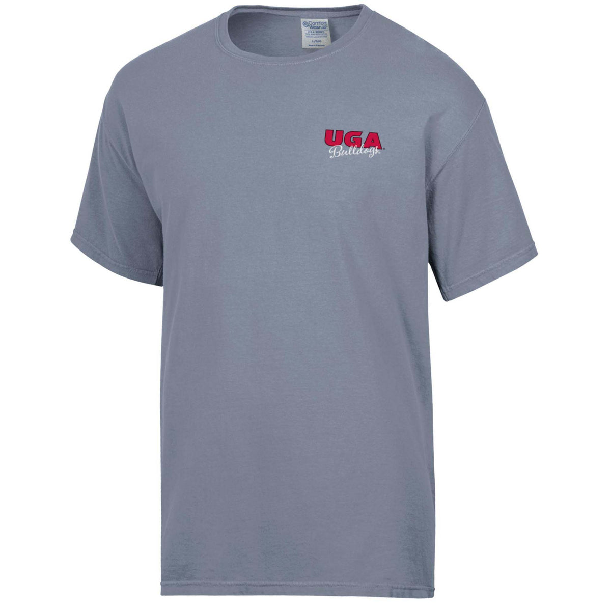 Front view of grey University of Georgia t-shirt with small red “UGA Bulldogs” logo on left chest.