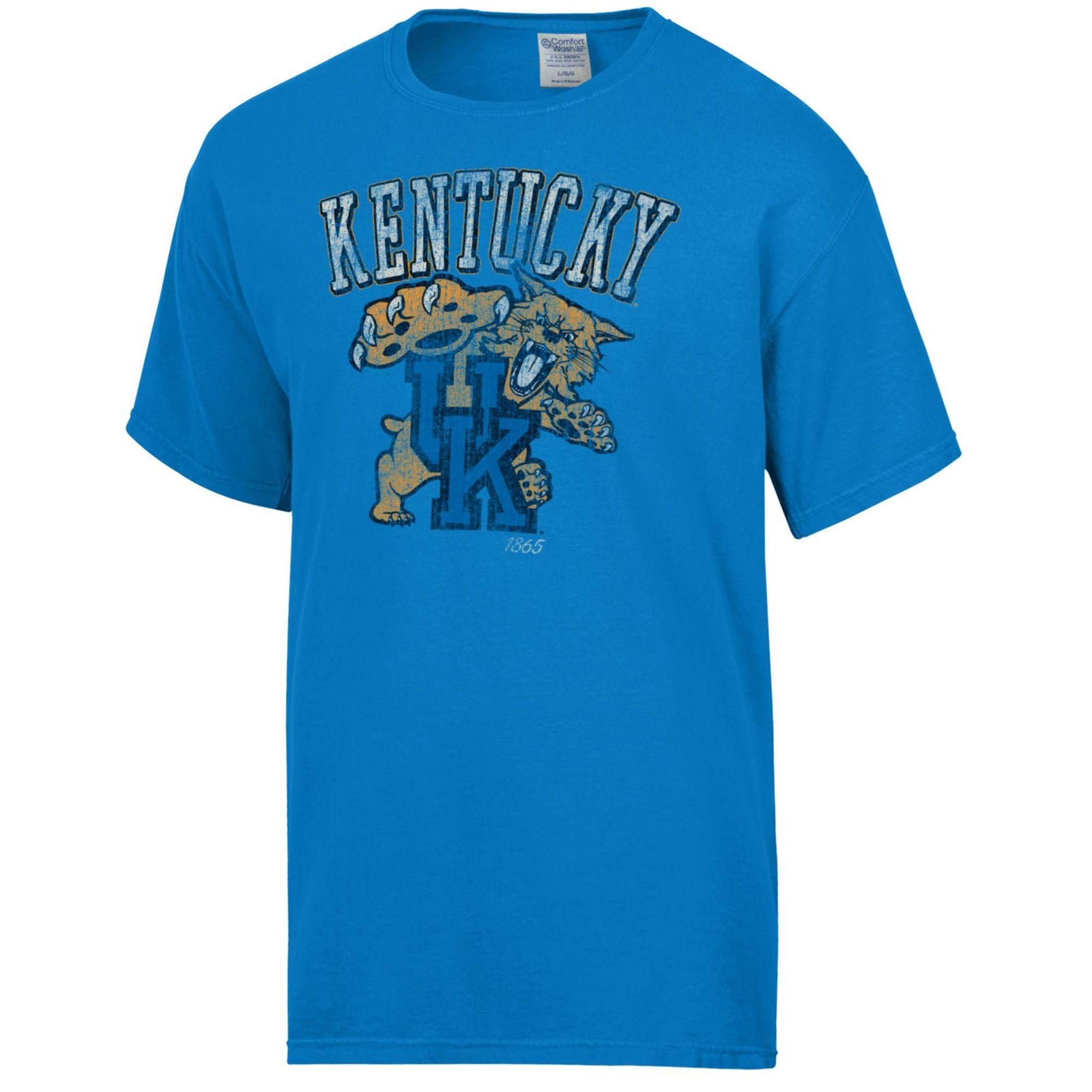 Front view of royal blue Kentucky Wildcats t-shirt with distressed white “KENTUCKY” text, gold and blue Wildcat mascot graphic, and large blue “UK” logo.