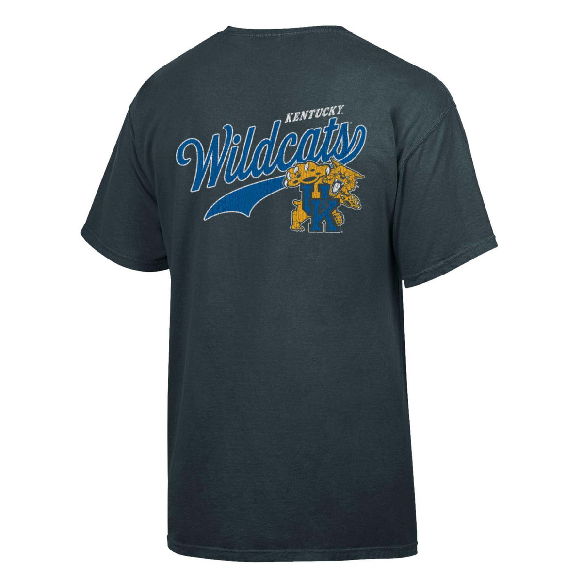 Back view of black University of Kentucky Wildcats T-shirt with large blue “Wildcats” script, Kentucky lettering, and Wildcat mascot graphic.