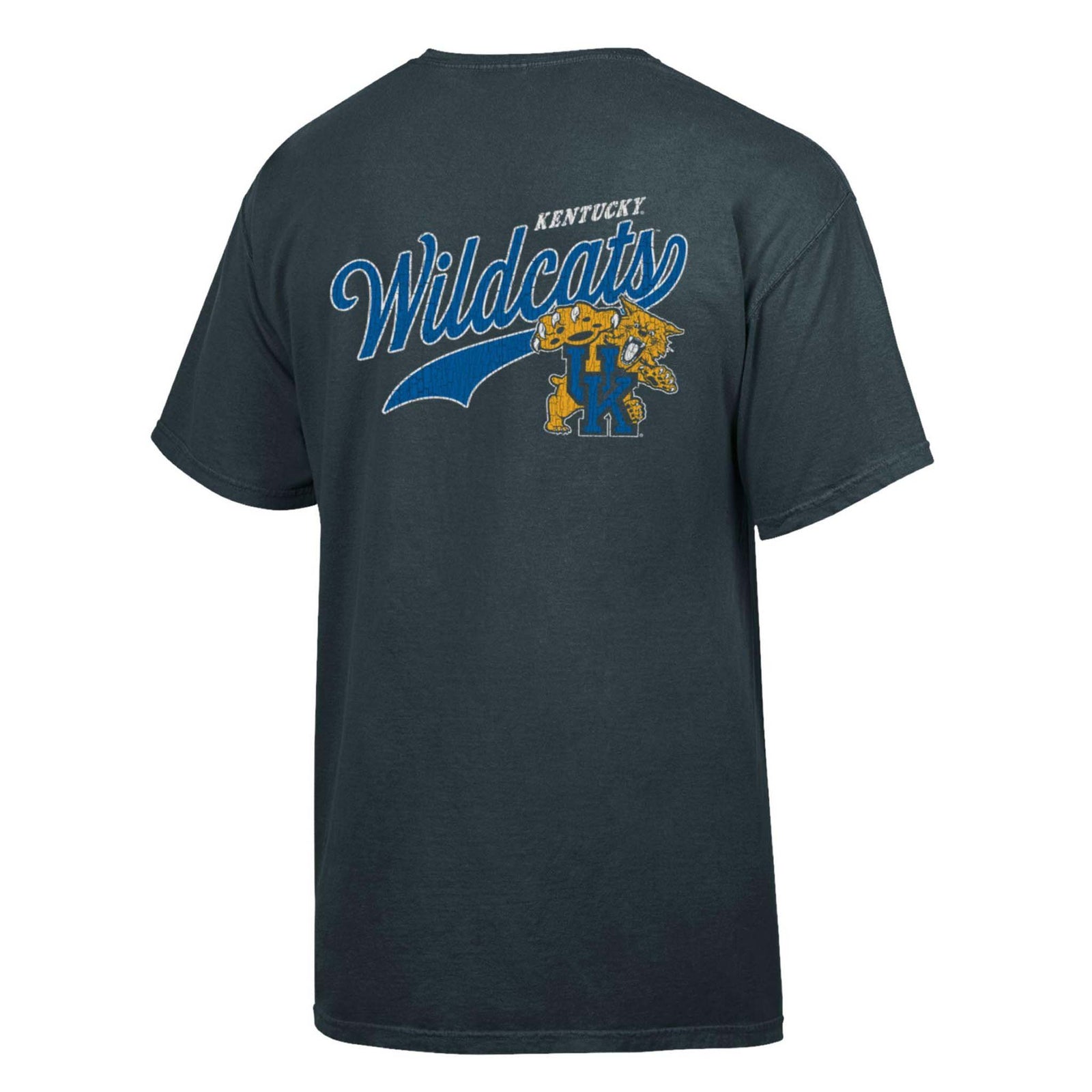 Back view of black University of Kentucky Wildcats T-shirt with large blue “Wildcats” script, Kentucky lettering, and Wildcat mascot graphic.