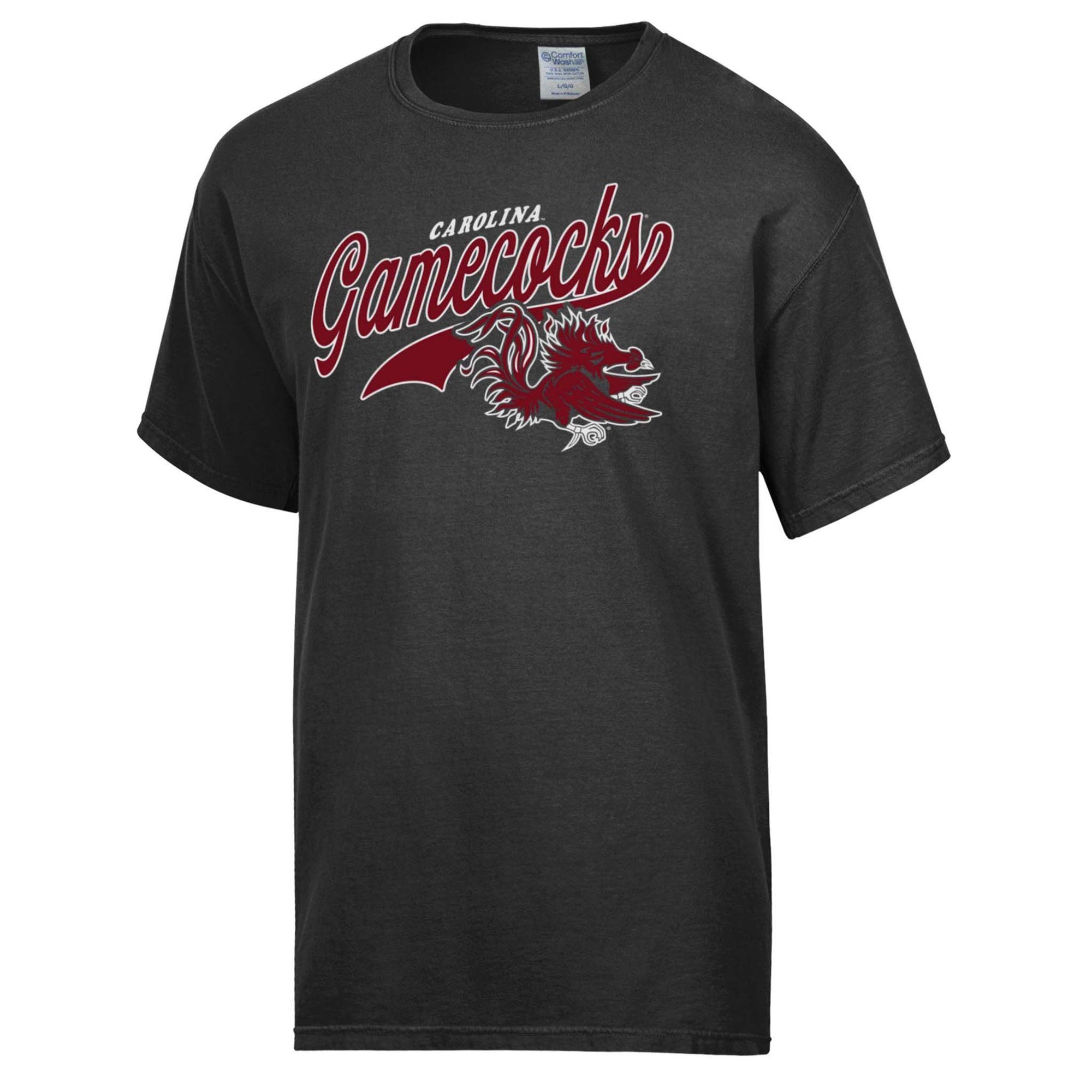 Black South Carolina Gamecocks short sleeve t-shirt with script “Carolina Gamecocks” text and large Gamecock logo on chest.