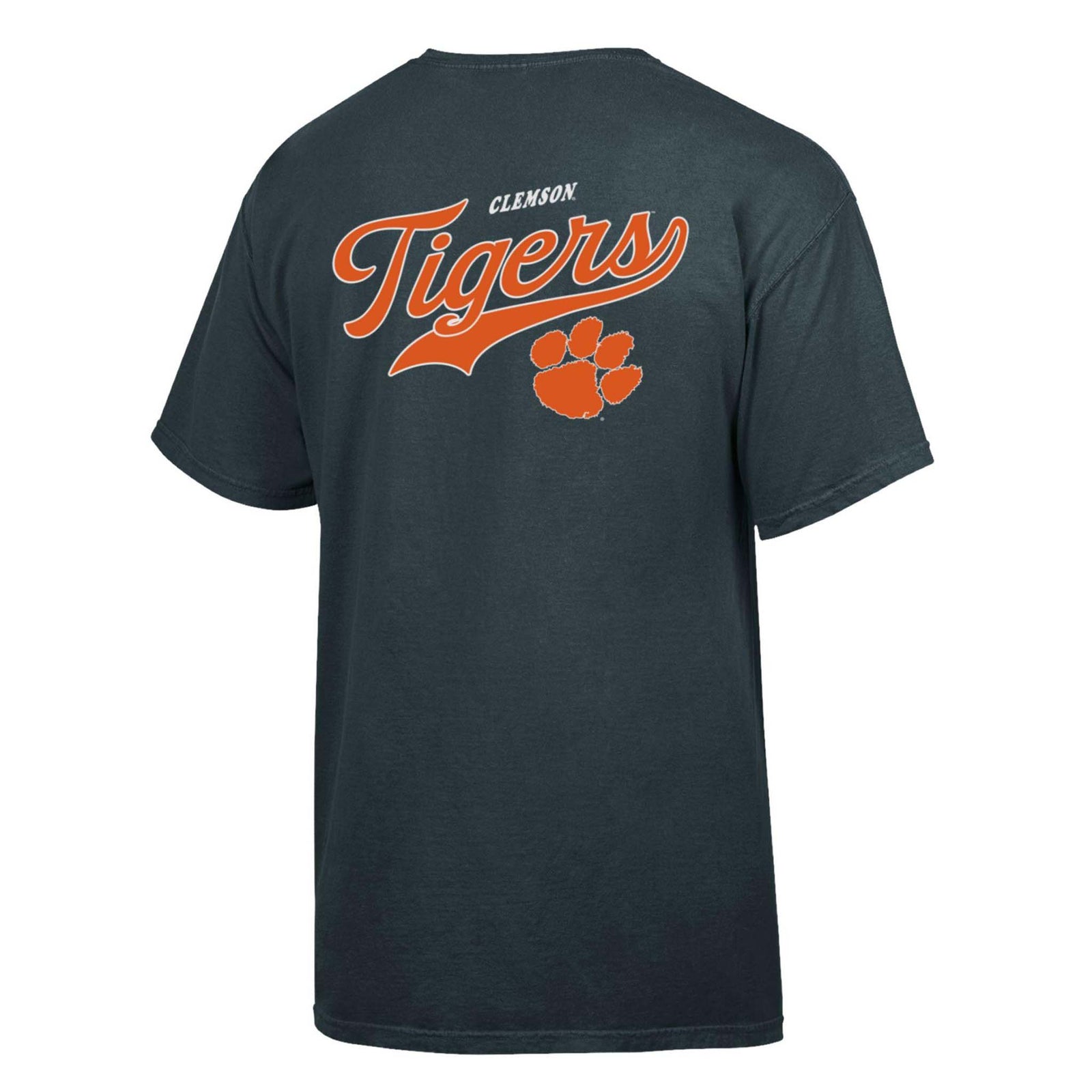Black Clemson Tigers short sleeve t-shirt with script “Clemson Tigers” text and large orange Tiger Paw logo on back design.
