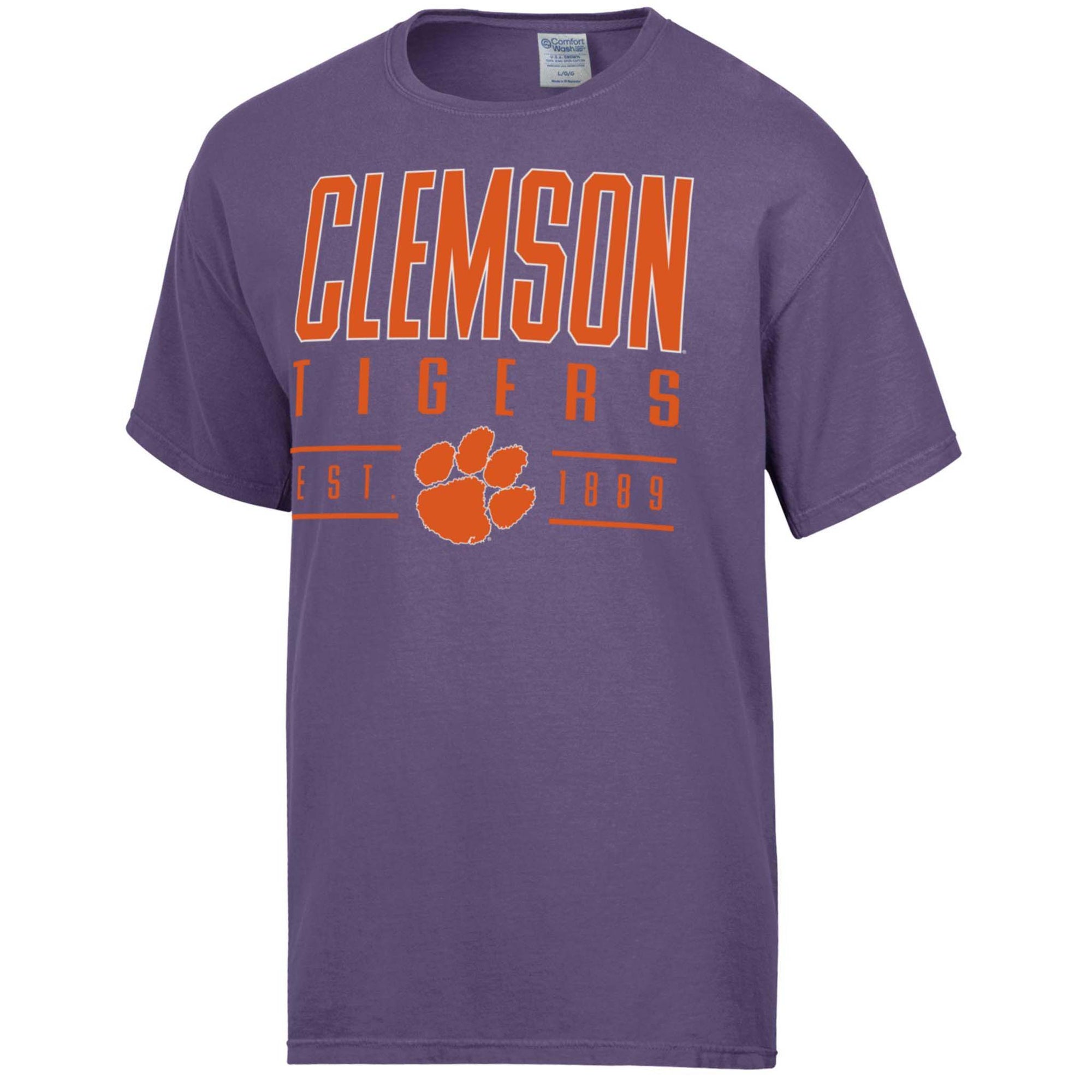 Clemson Tigers purple short sleeve t-shirt with bold orange "Clemson" text, tiger paw graphic, and "EST 1889" printed on the front.