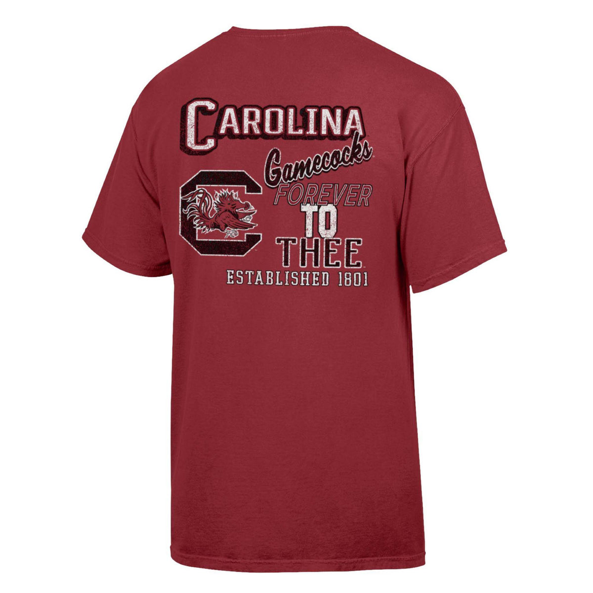 Garnet South Carolina Gamecocks short sleeve t-shirt with “Forever to Thee” text, Gamecocks logo, and school details on back design.