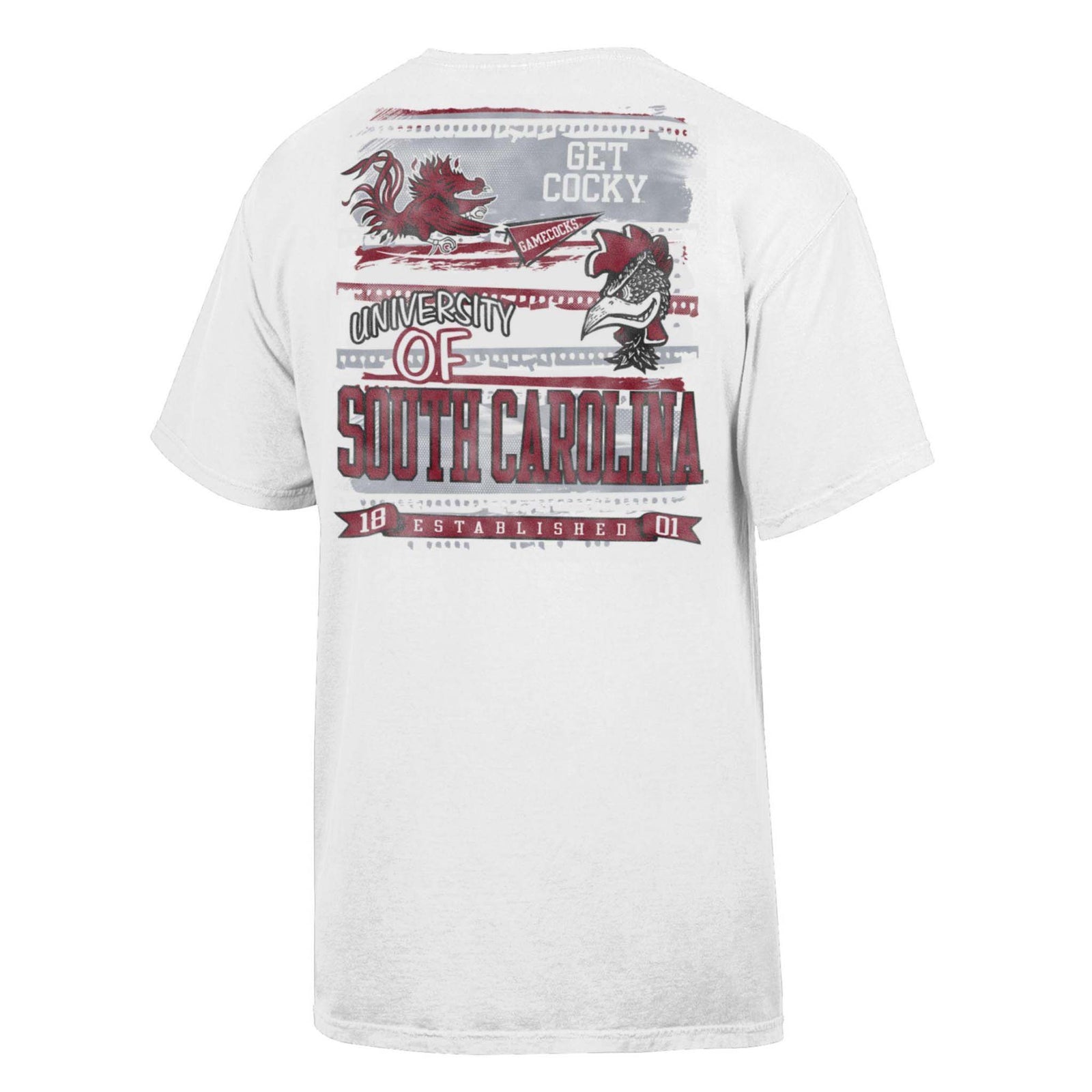 Back view of a white short sleeve t-shirt with large University of South Carolina graphics, Gamecock mascots, and "Get Cocky" text in garnet and gray.