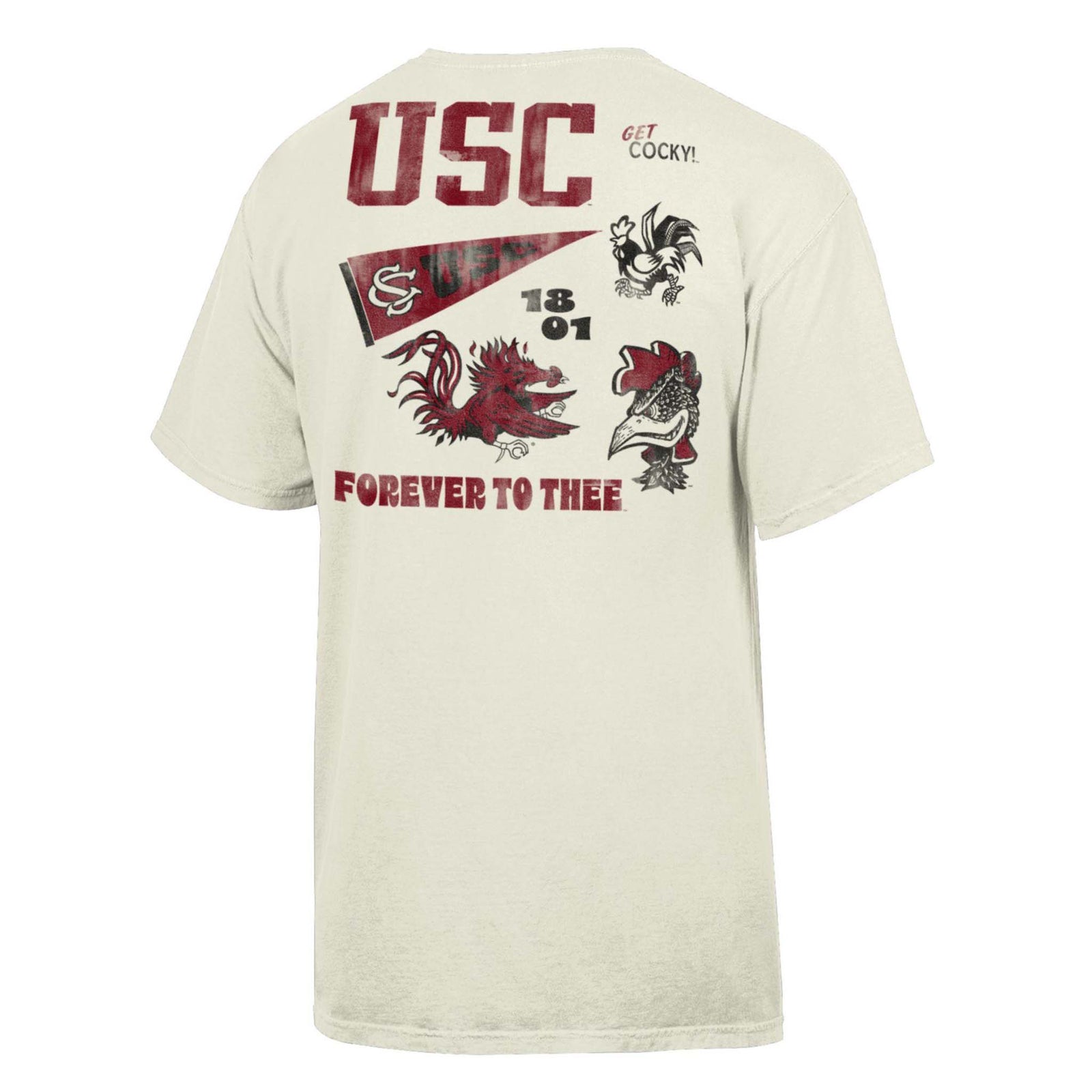 Back of ivory South Carolina t-shirt with vintage-style Gamecock graphics and “Forever to Thee” text