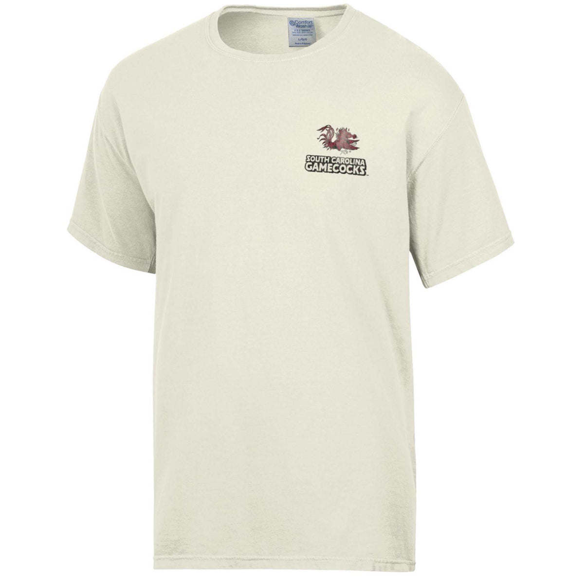 Front of ivory short sleeve t-shirt with South Carolina Gamecocks logo and text on left chest