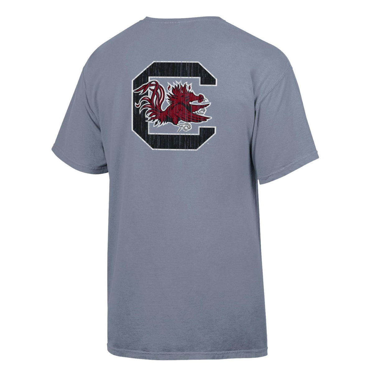 Back view of grey Comfort Colors short sleeve t-shirt with large University of South Carolina Gamecock logo inside a bold black “C.”