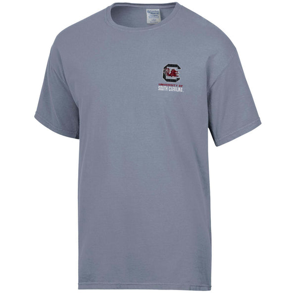 Front view of grey short sleeve Comfort Colors t-shirt with University of South Carolina logo on left chest.