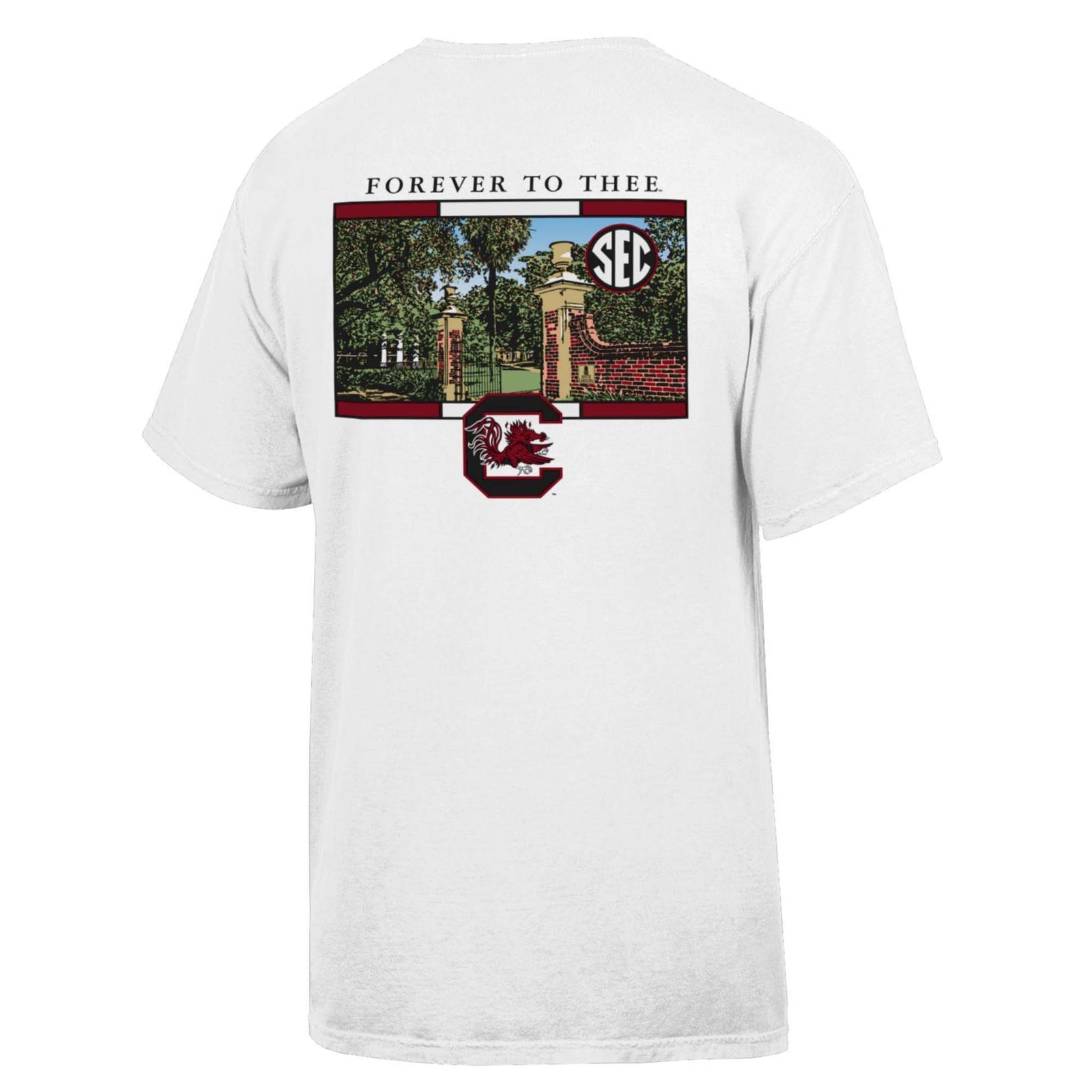 White South Carolina Gamecocks short sleeve t-shirt with “Forever to Thee” text, Horseshoe gates illustration, SEC logo, and Gamecocks logo on back design.