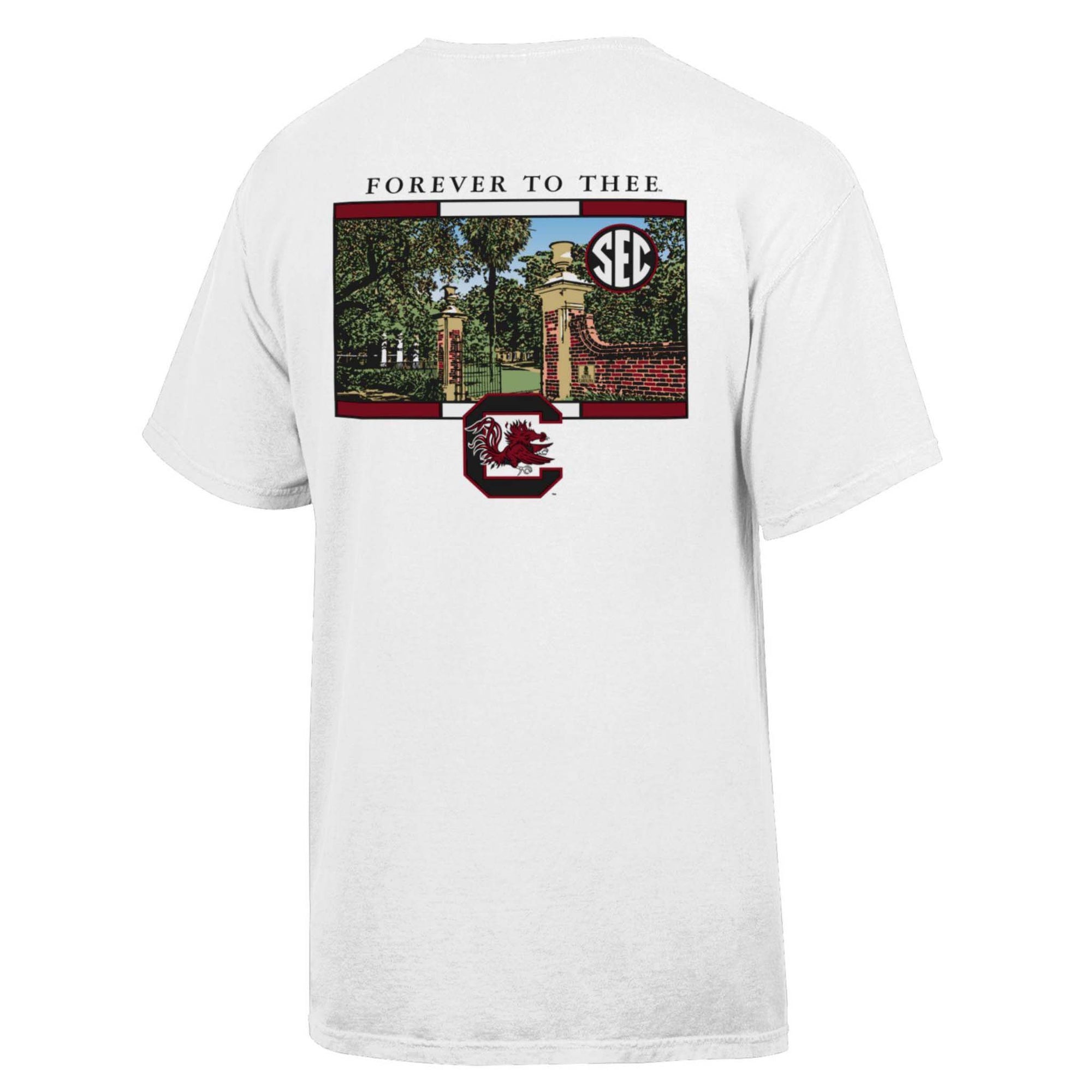 White South Carolina Gamecocks short sleeve t-shirt with “Forever to Thee” text, Horseshoe gates illustration, SEC logo, and Gamecocks logo on back design.