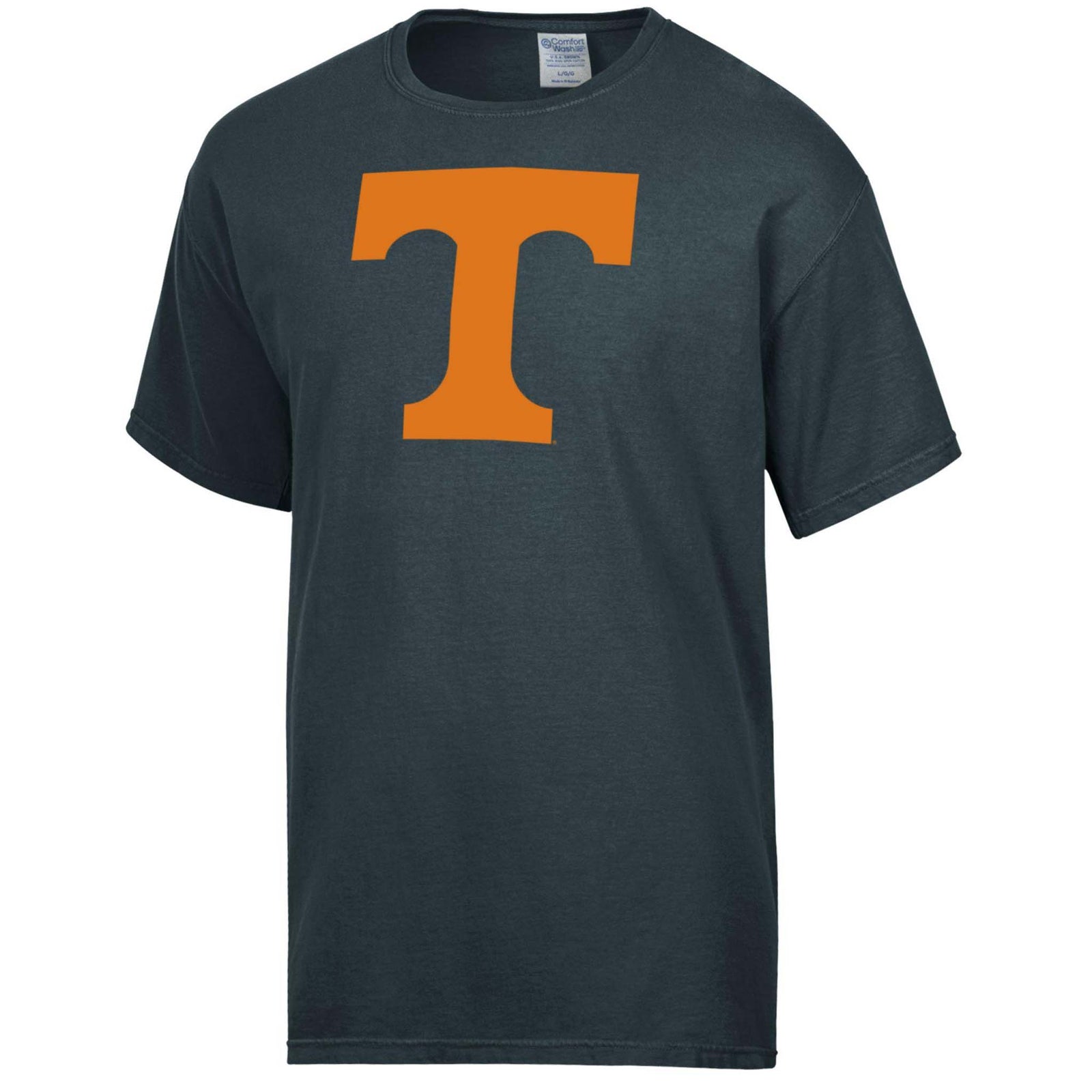 Black short sleeve t-shirt with large orange University of Tennessee Power T logo centered on the chest, shown on a plain white background.
