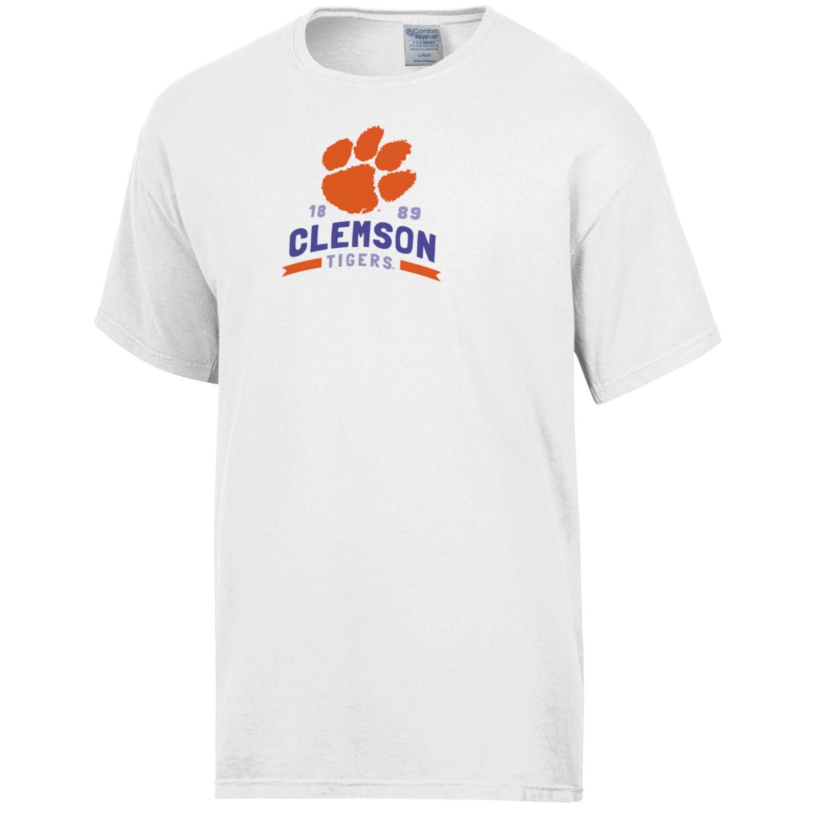 Front of white Clemson Tigers t-shirt with orange tiger paw, “1889” and bold purple and orange Clemson text printed across the chest