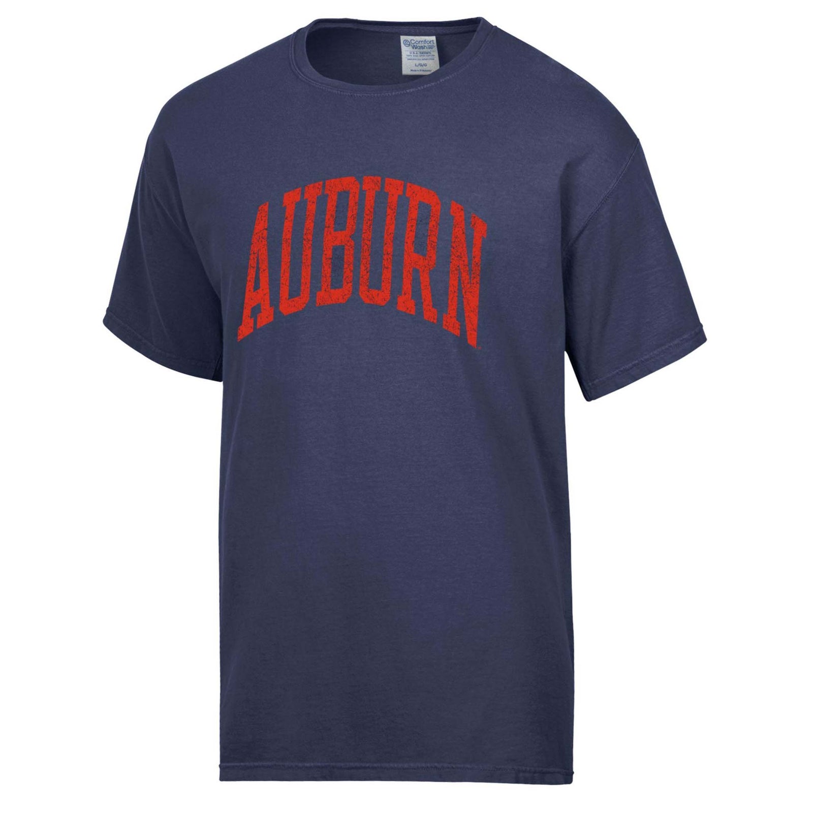 Navy Auburn t-shirt with bold orange “AUBURN” arched graphic across the chest.