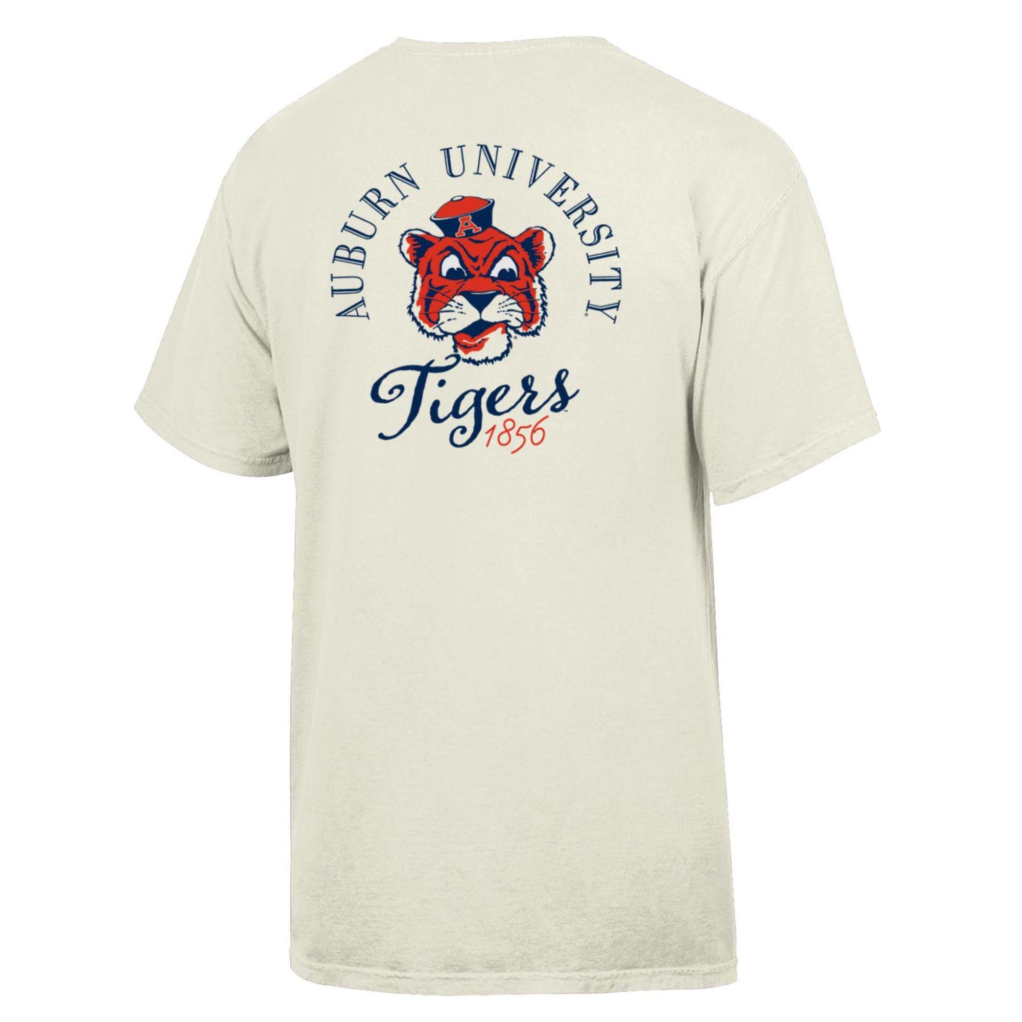 Back view of parchment Auburn t-shirt with tiger mascot, “Auburn University Tigers 1856” text.
