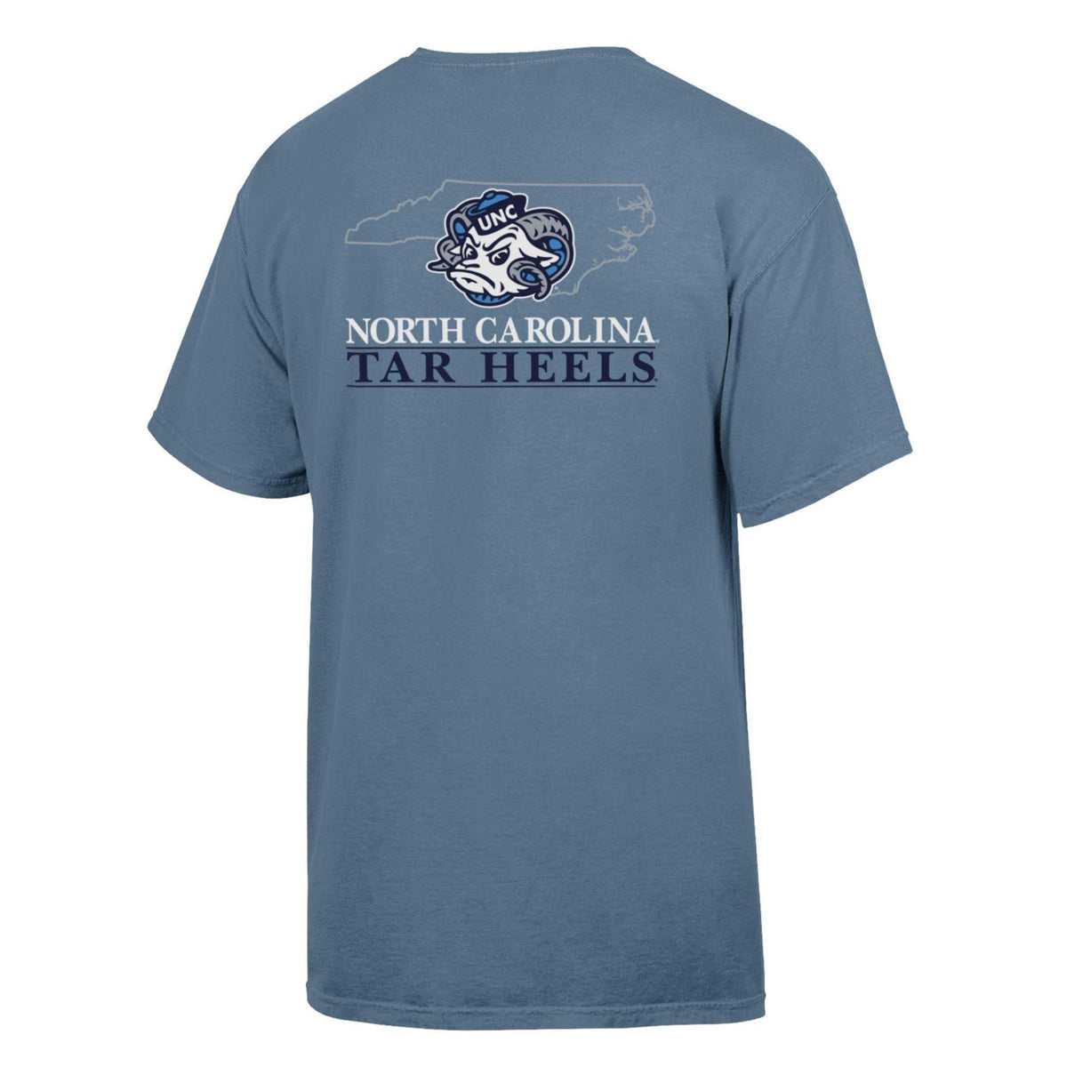 Back view of light blue short sleeve t-shirt with large UNC Ram mascot, North Carolina state outline, and "North Carolina Tar Heels" text.