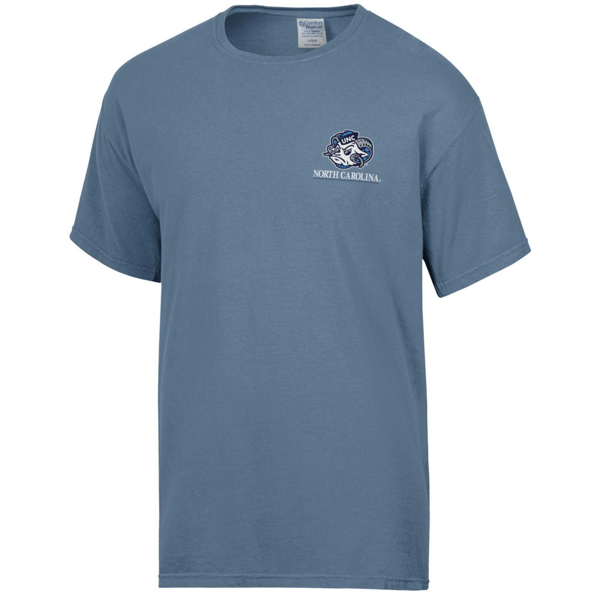 Front view of light blue short sleeve t-shirt with small UNC Ram mascot logo and "North Carolina" text.