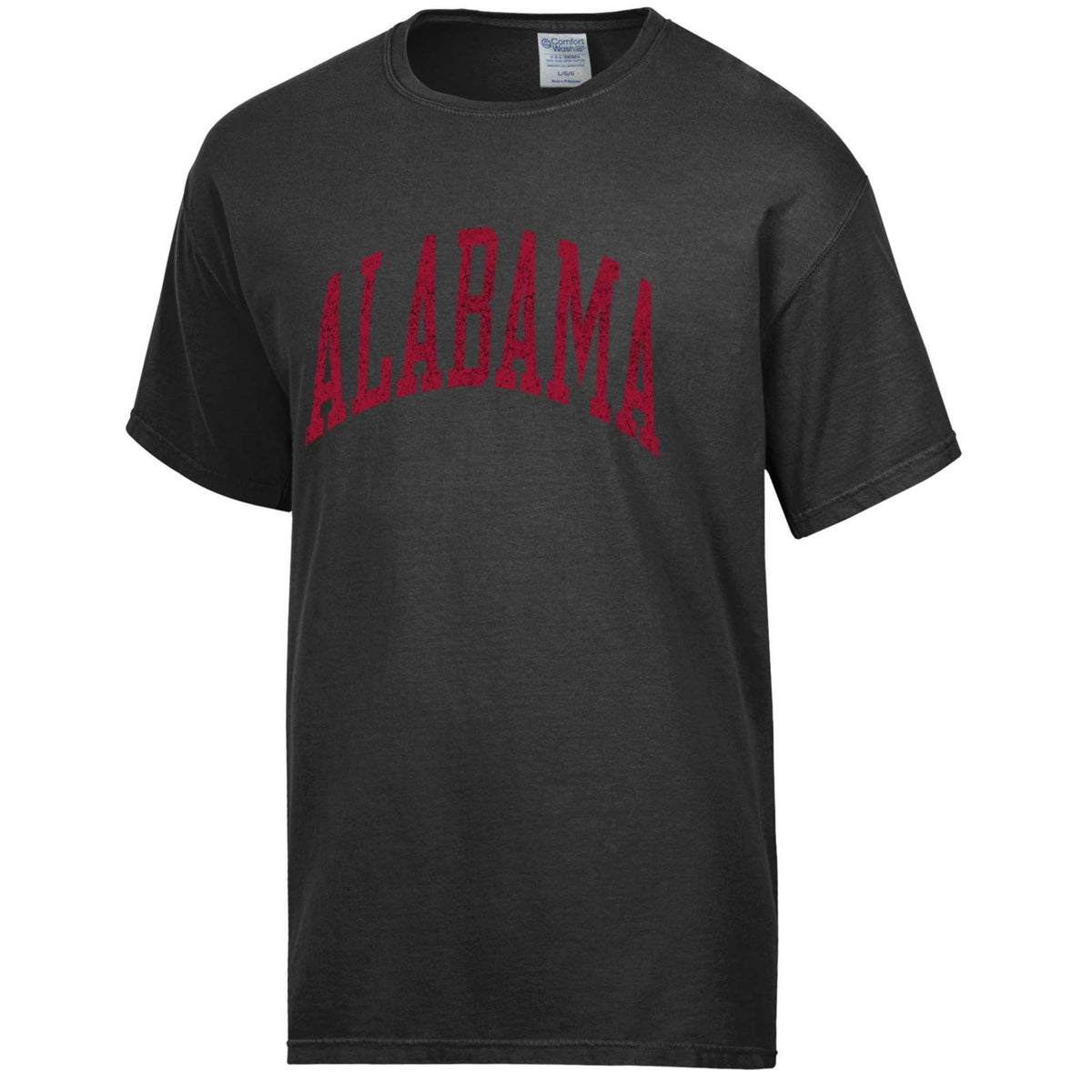 Black short sleeve t-shirt with large red “ALABAMA” text across the chest in collegiate block font.