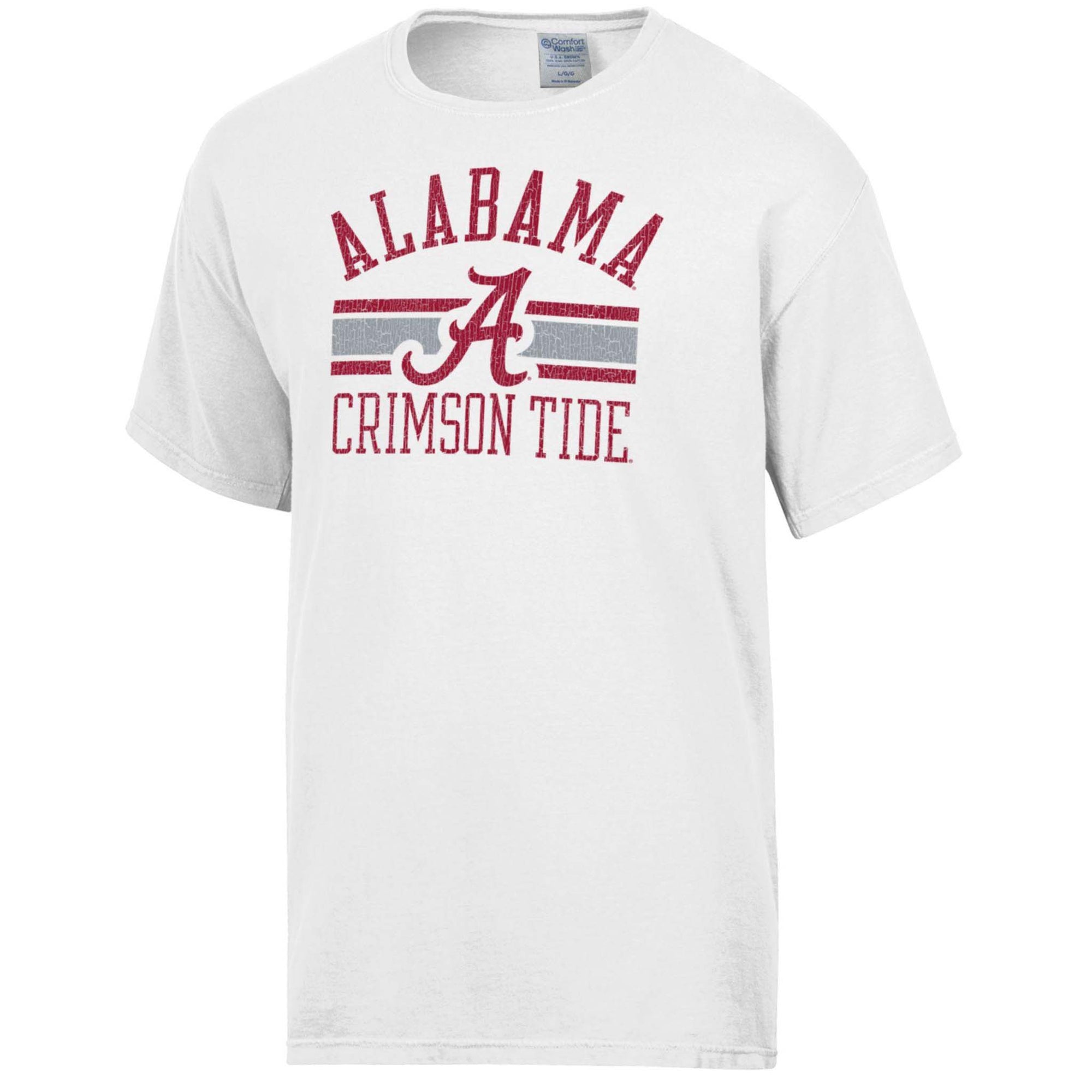 White t-shirt with 'Alabama Crimson Tide' text and logo on a white background